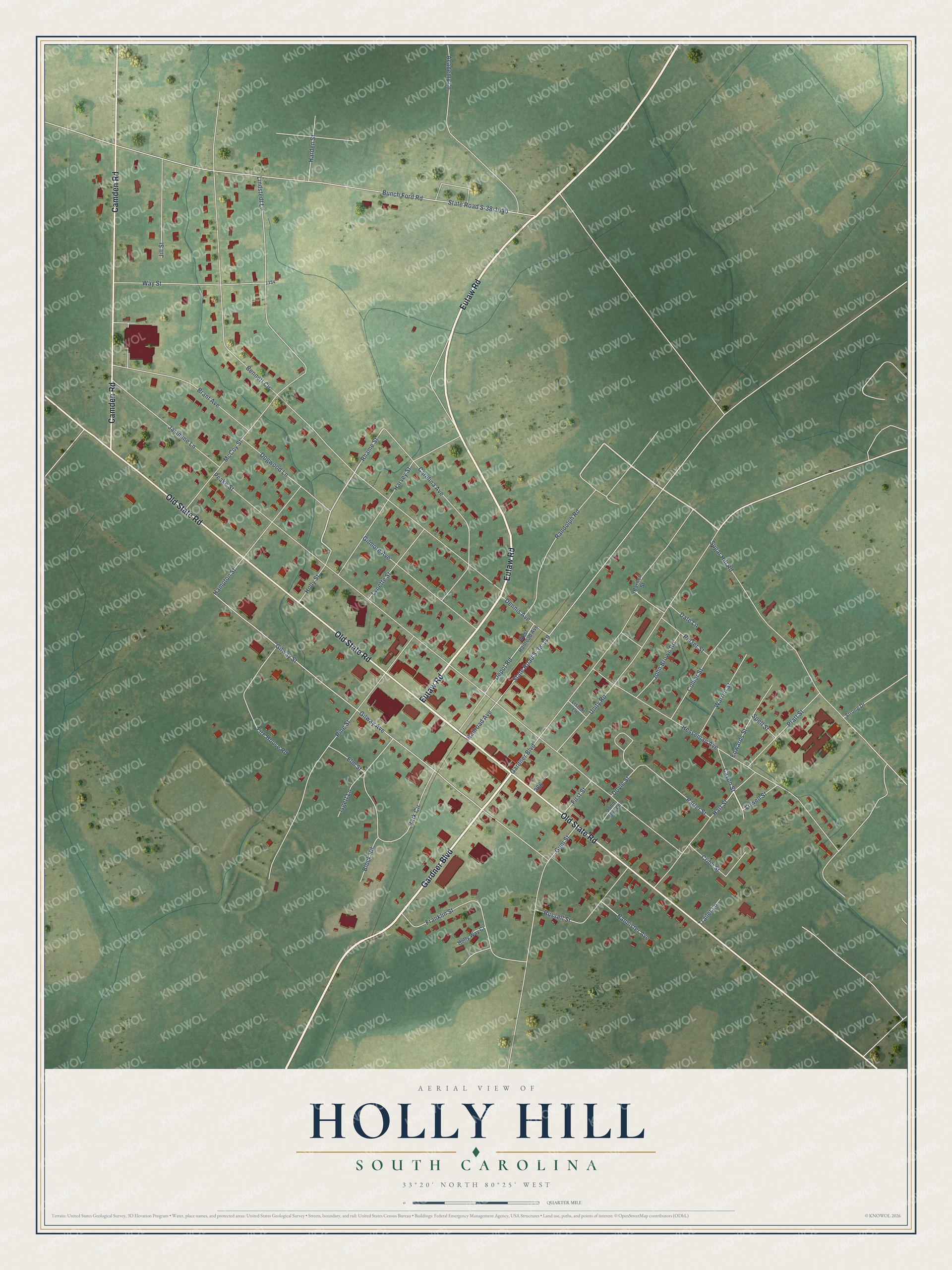 Full map of Holly Hill, South Carolina, with red buildings, printed street names and the land around them
