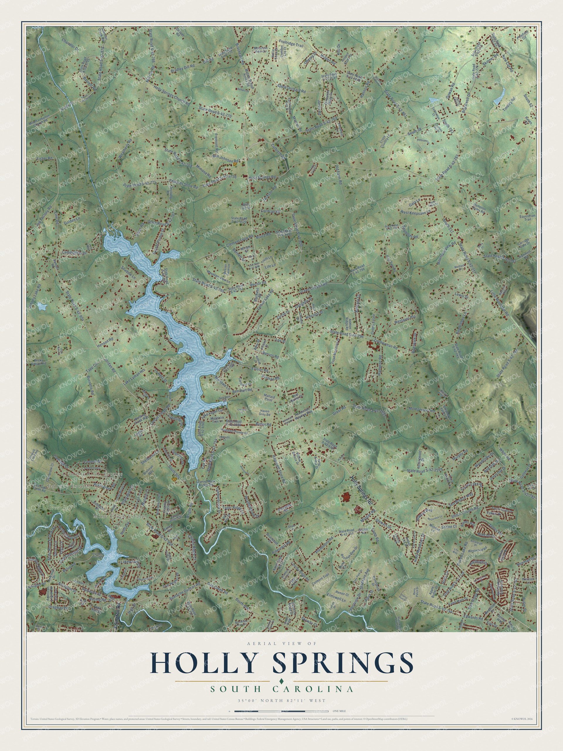 Full map of Holly Springs, South Carolina, with red buildings, printed street names and the land around them