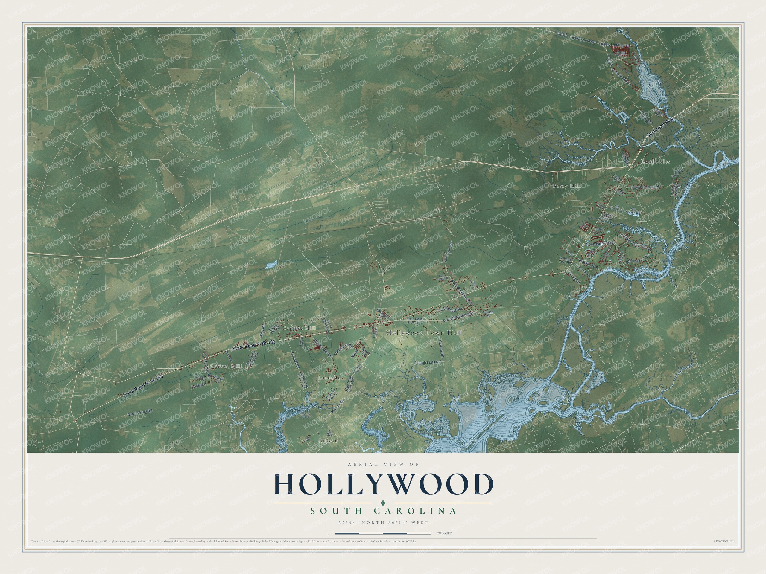 Full map of Hollywood, South Carolina, with red buildings, printed street names and the land around them