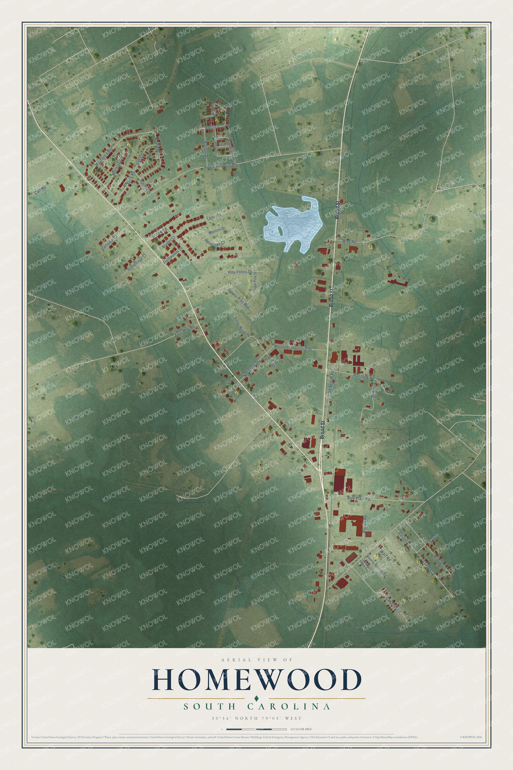 Full map of Homewood, South Carolina, with red buildings, printed street names and the land around them