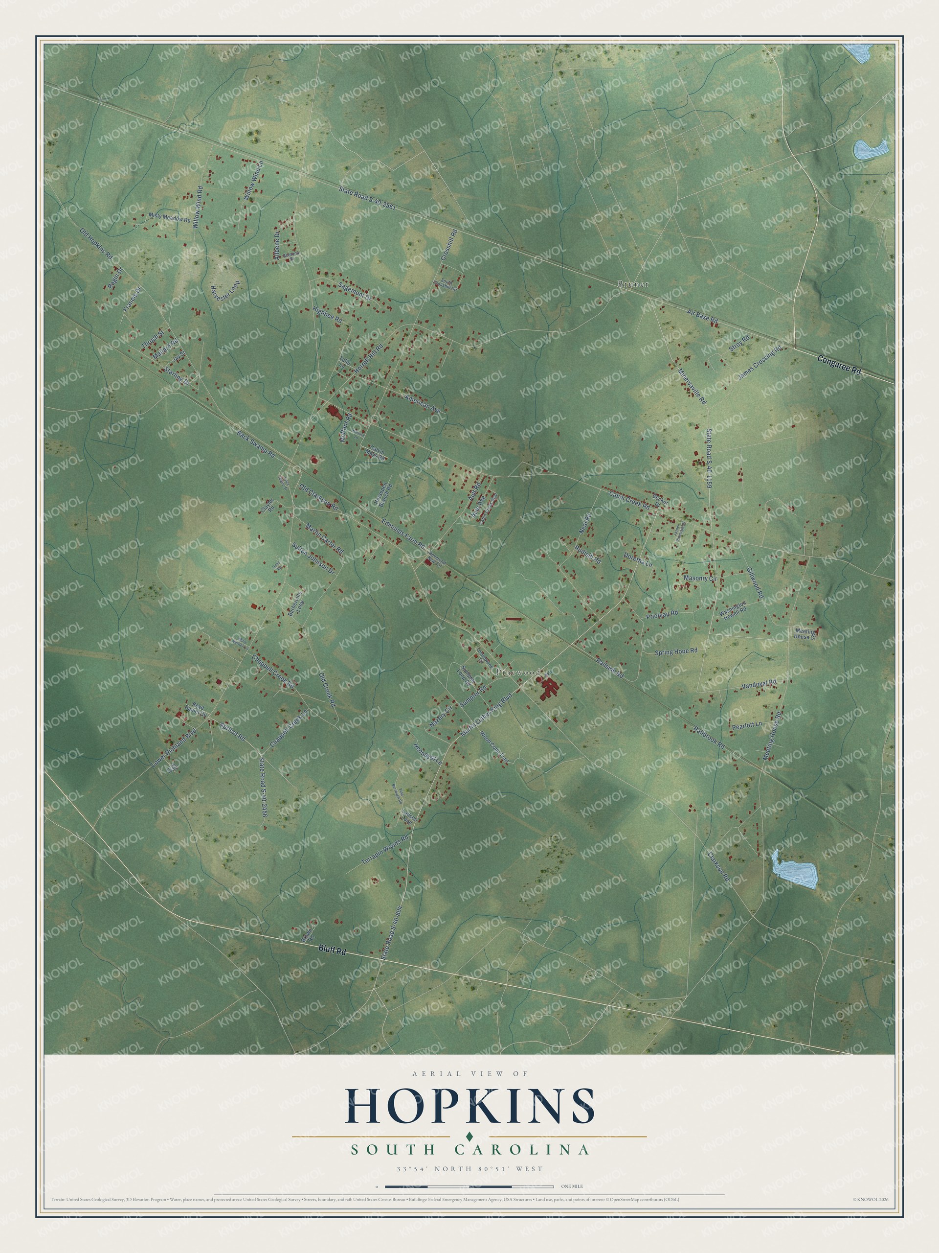 Full map of Hopkins, South Carolina, with red buildings, printed street names and the land around them