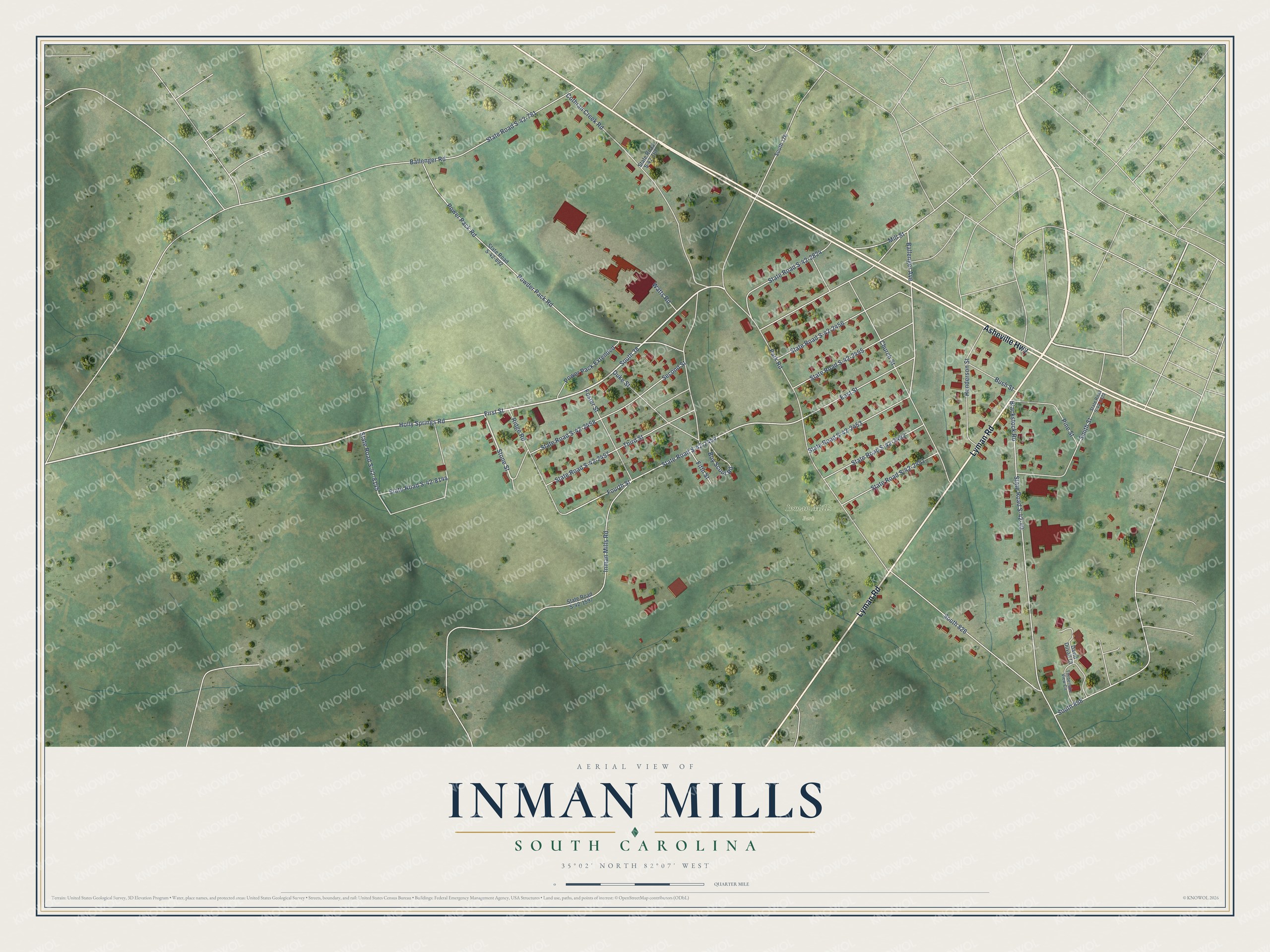 Full map of Inman Mills, South Carolina, with red buildings, printed street names and the land around them