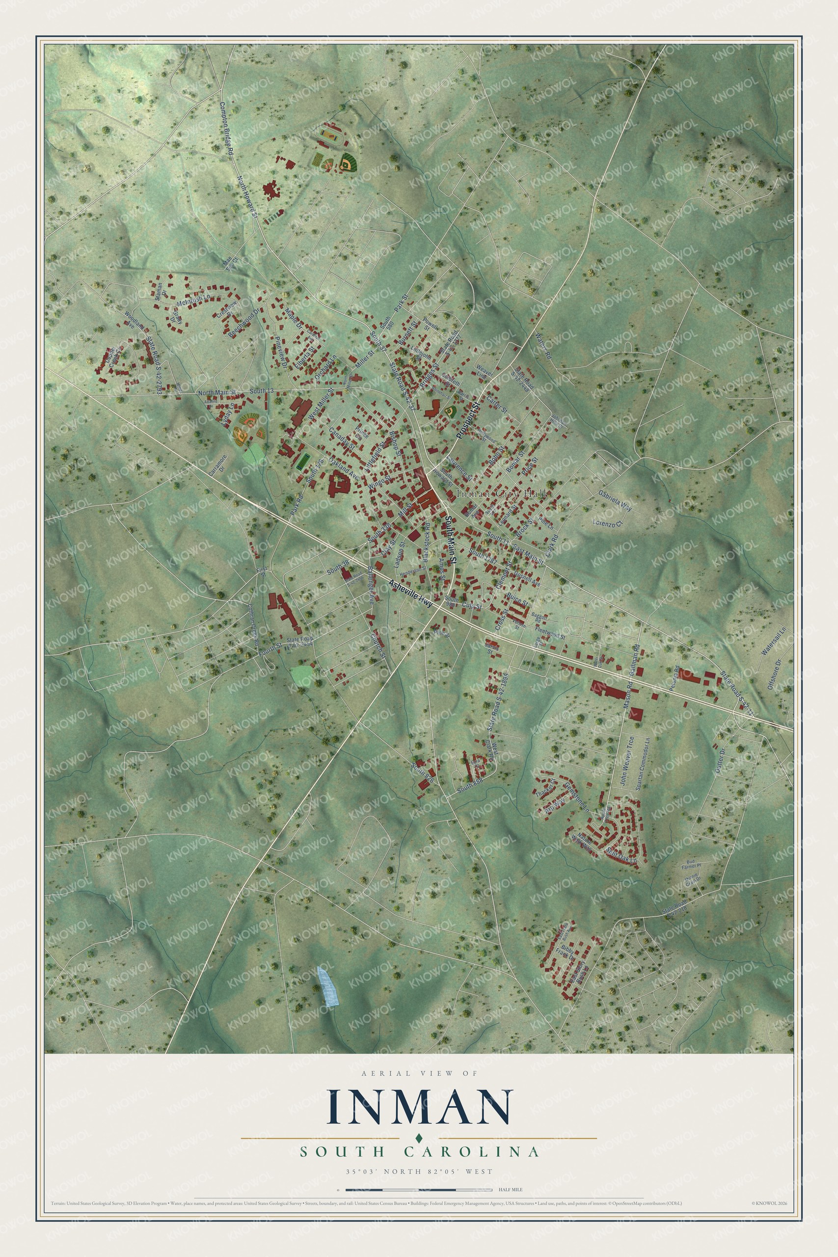 Full map of Inman, South Carolina, with red buildings, printed street names and the land around them