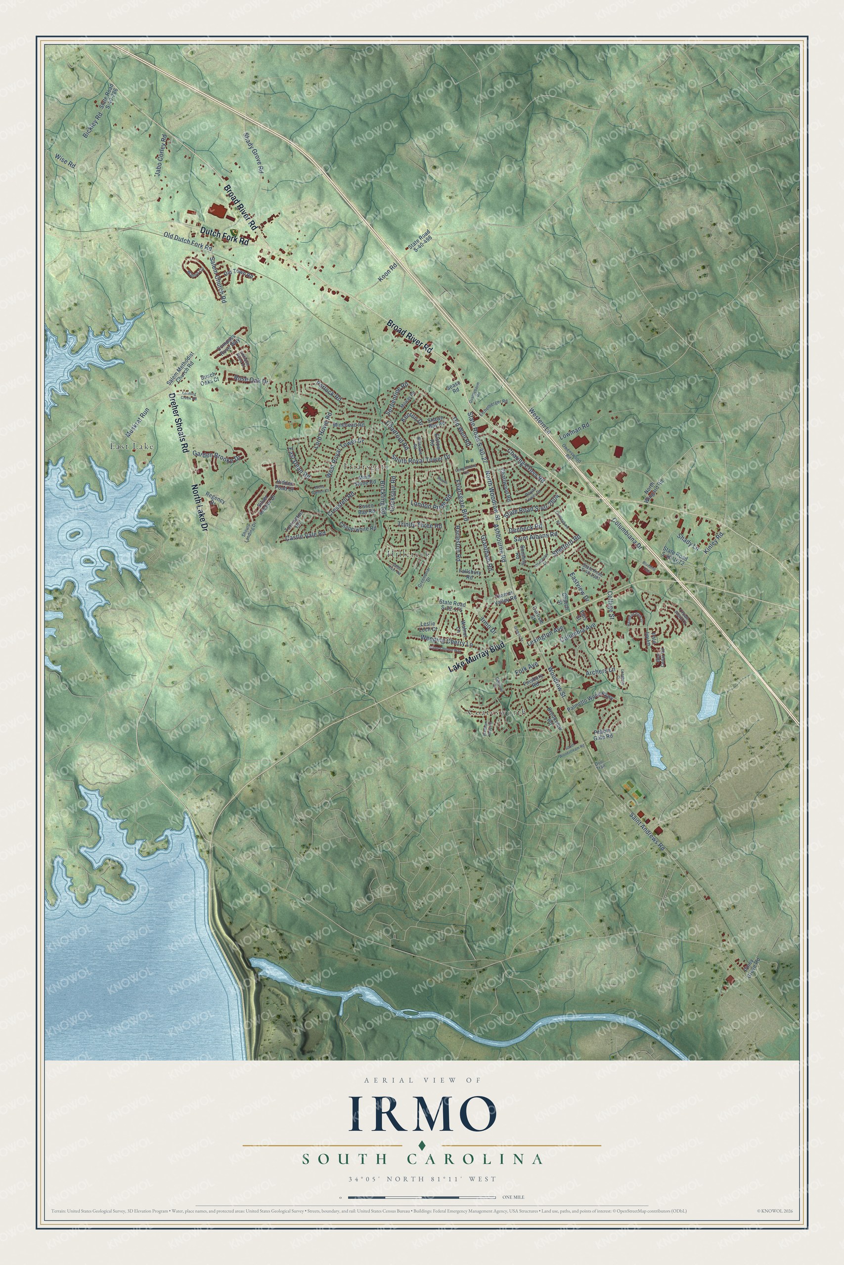 Full map of Irmo, South Carolina, with red buildings, printed street names and the land around them