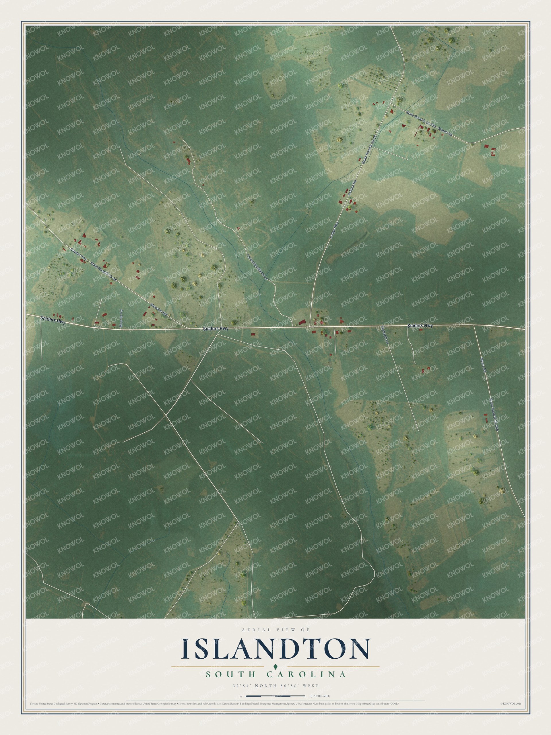 Full map of Islandton, South Carolina, with red buildings, printed street names and the land around them