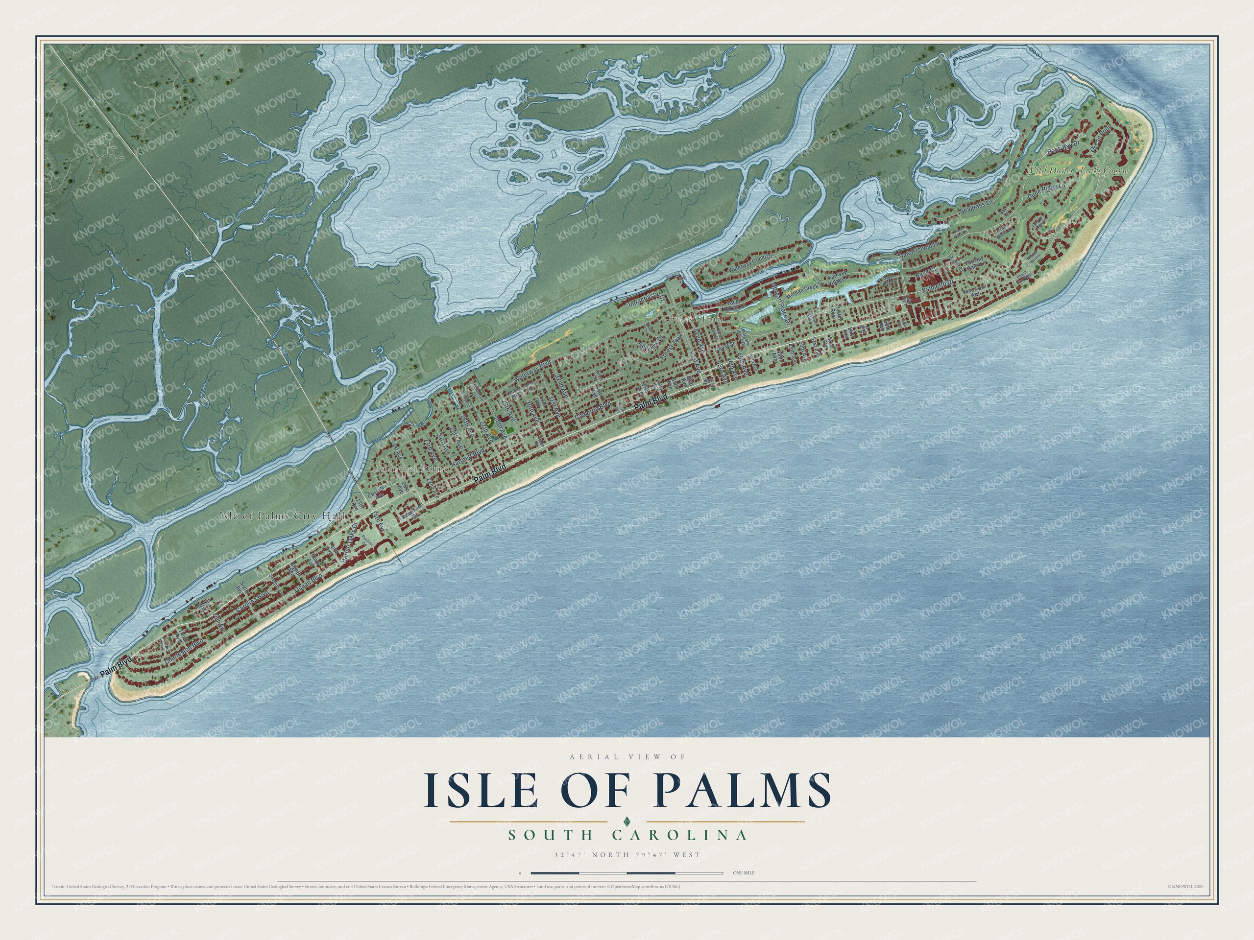Full map of Isle of Palms, South Carolina, with red buildings, printed street names and the land around them