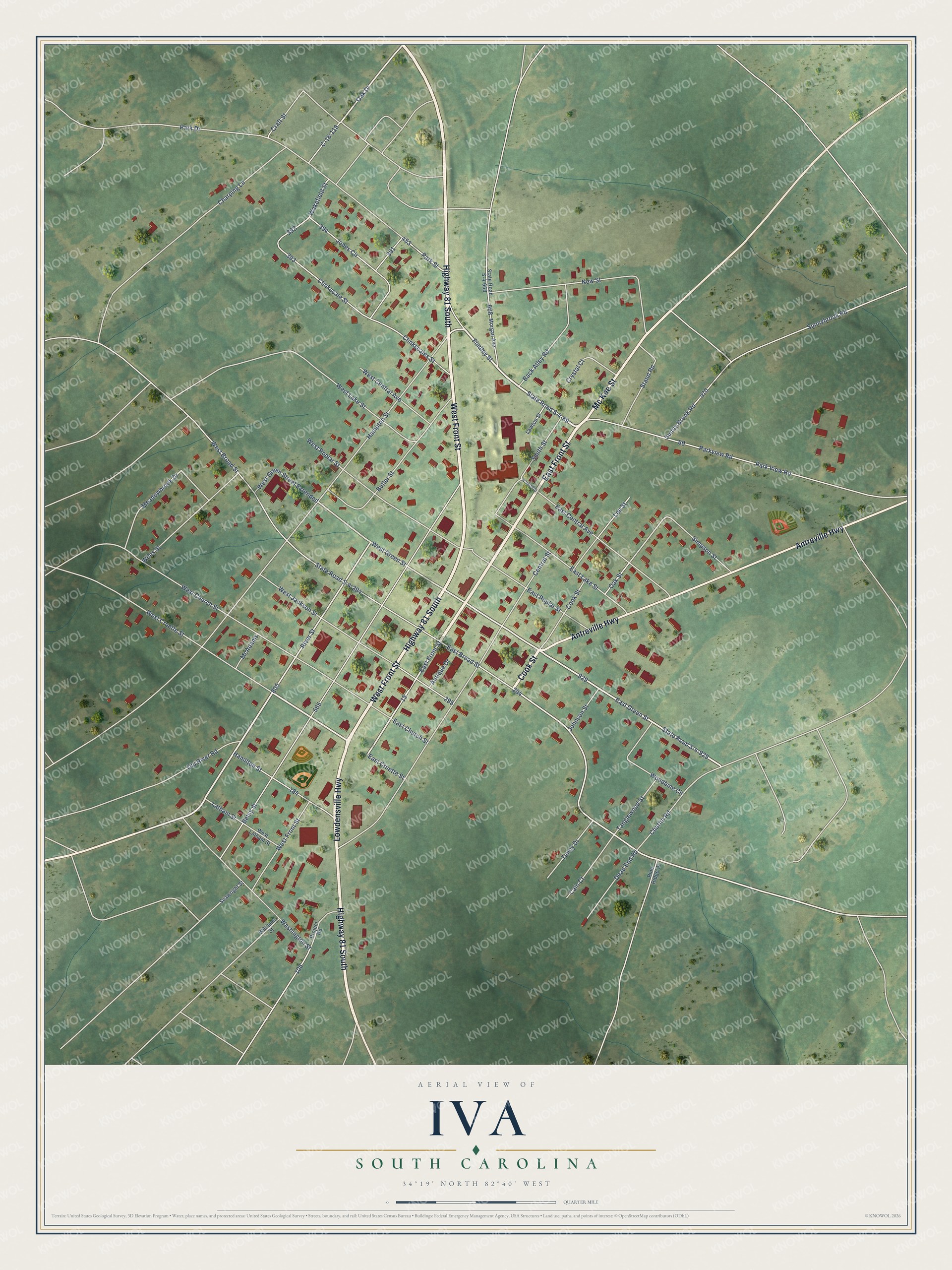Full map of Iva, South Carolina, with red buildings, printed street names and the land around them