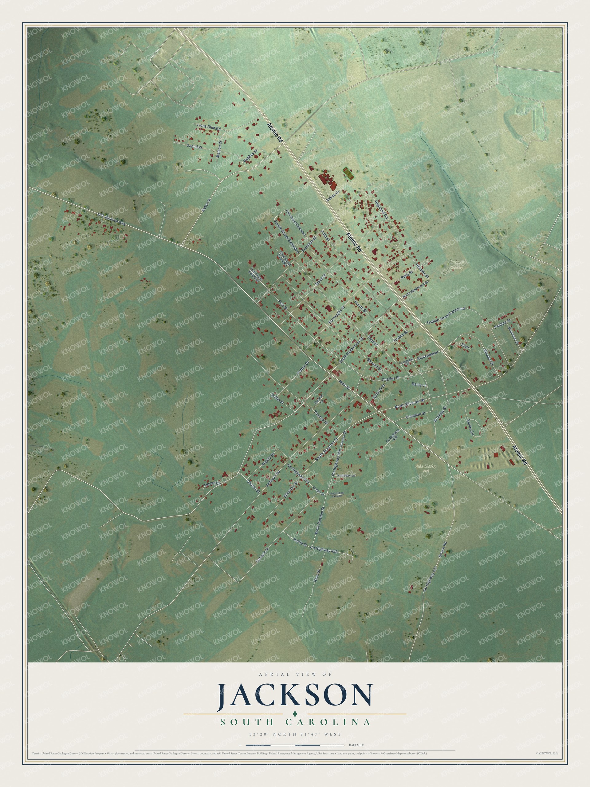 Full map of Jackson, South Carolina, with red buildings, printed street names and the land around them