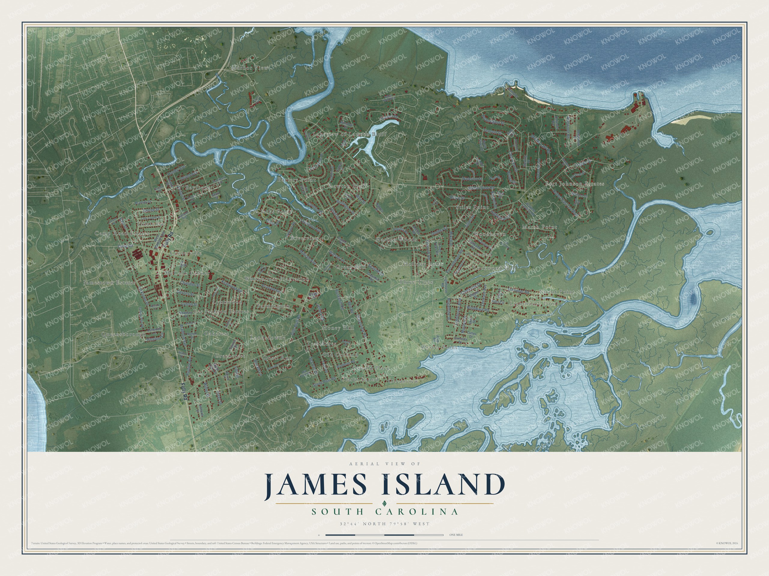 Full map of James Island, South Carolina, with red buildings, printed street names and the land around them