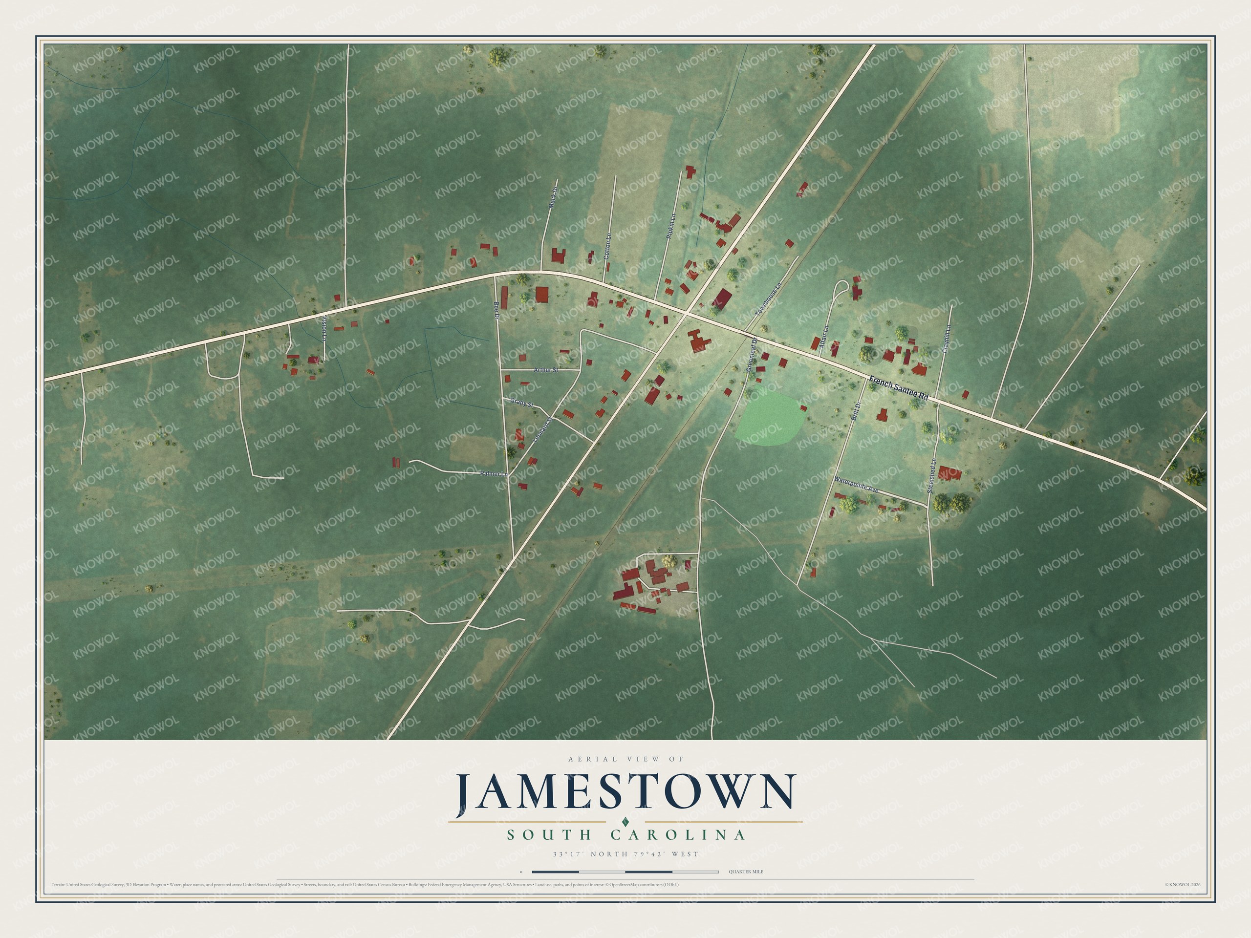 Full map of Jamestown, South Carolina, with red buildings, printed street names and the land around them