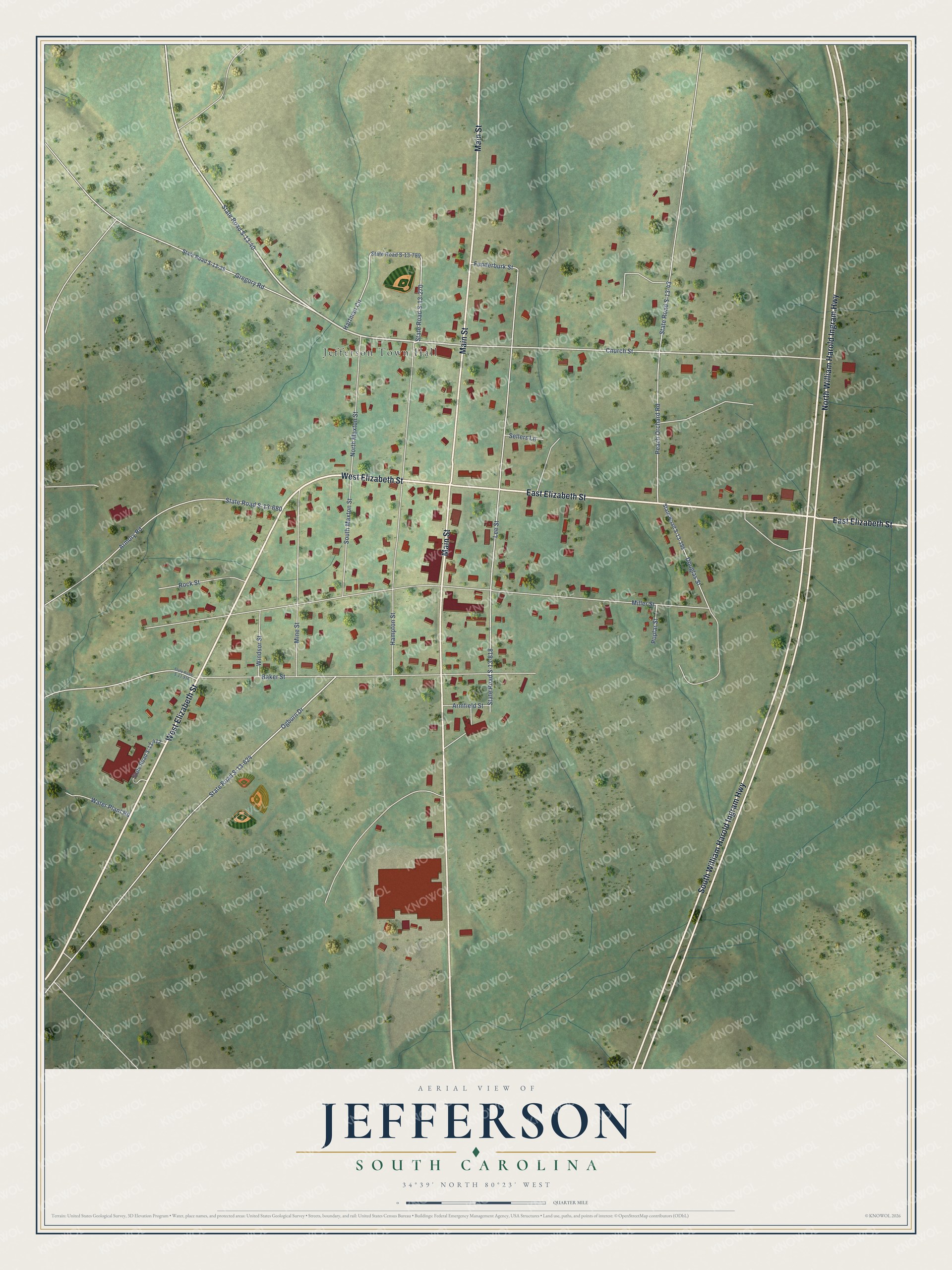 Full map of Jefferson, South Carolina, with red buildings, printed street names and the land around them