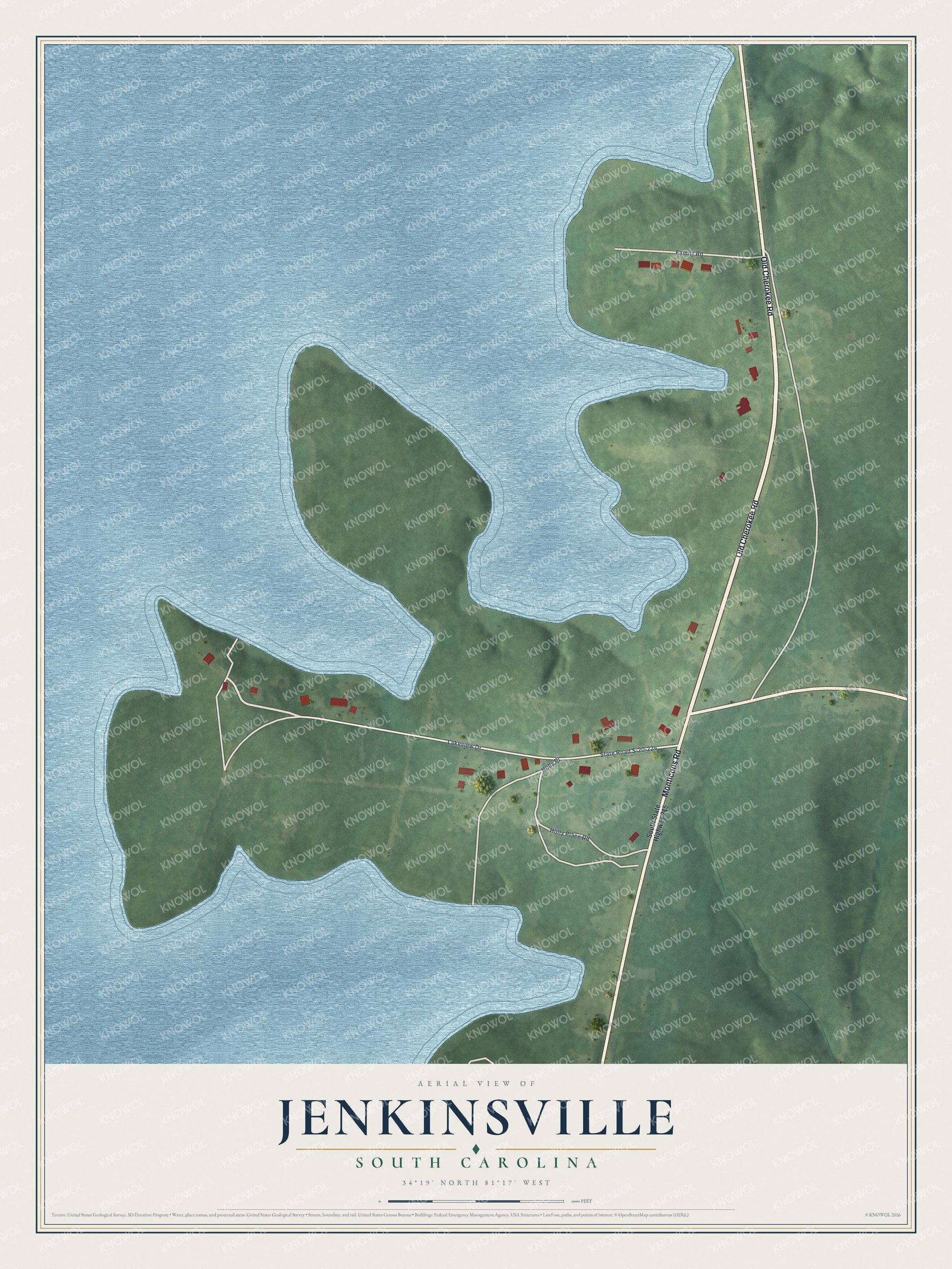 Full map of Jenkinsville, South Carolina, with red buildings, printed street names and the land around them