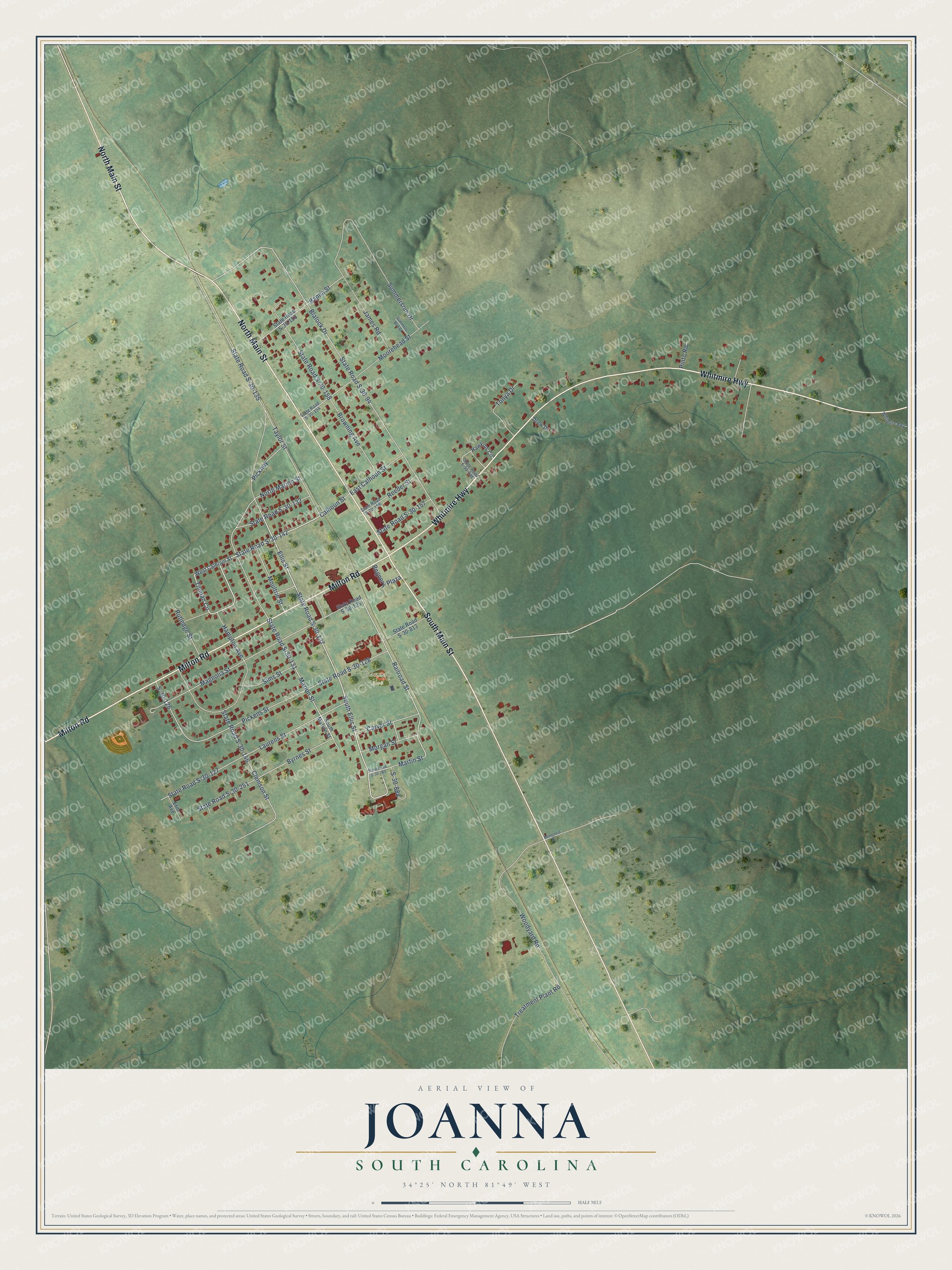 Full map of Joanna, South Carolina, with red buildings, printed street names and the land around them