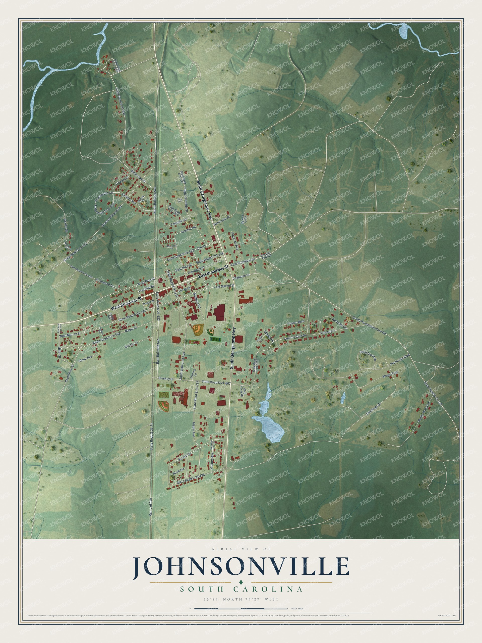 Full map of Johnsonville, South Carolina, with red buildings, printed street names and the land around them