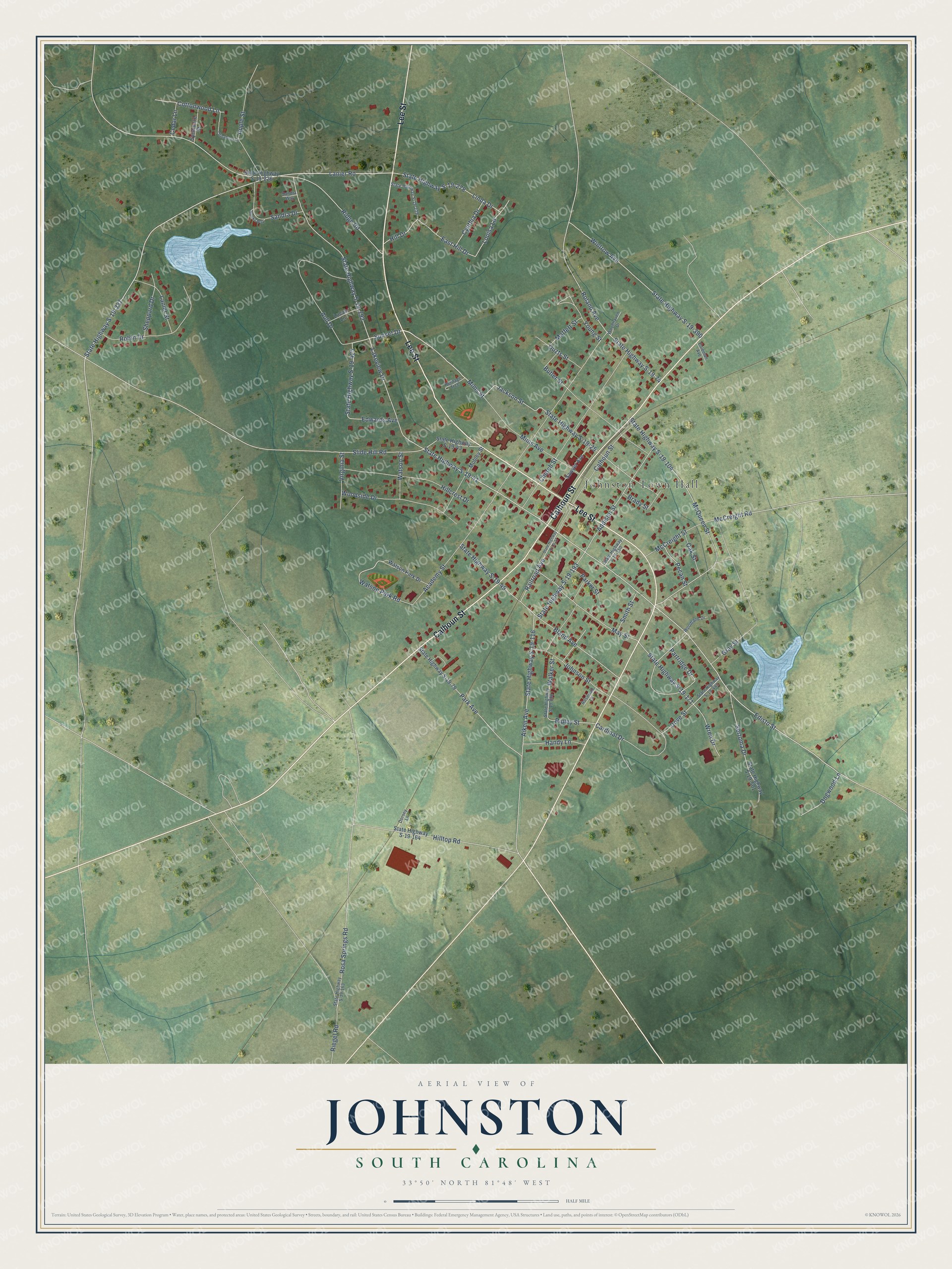 Full map of Johnston, South Carolina, with red buildings, printed street names and the land around them