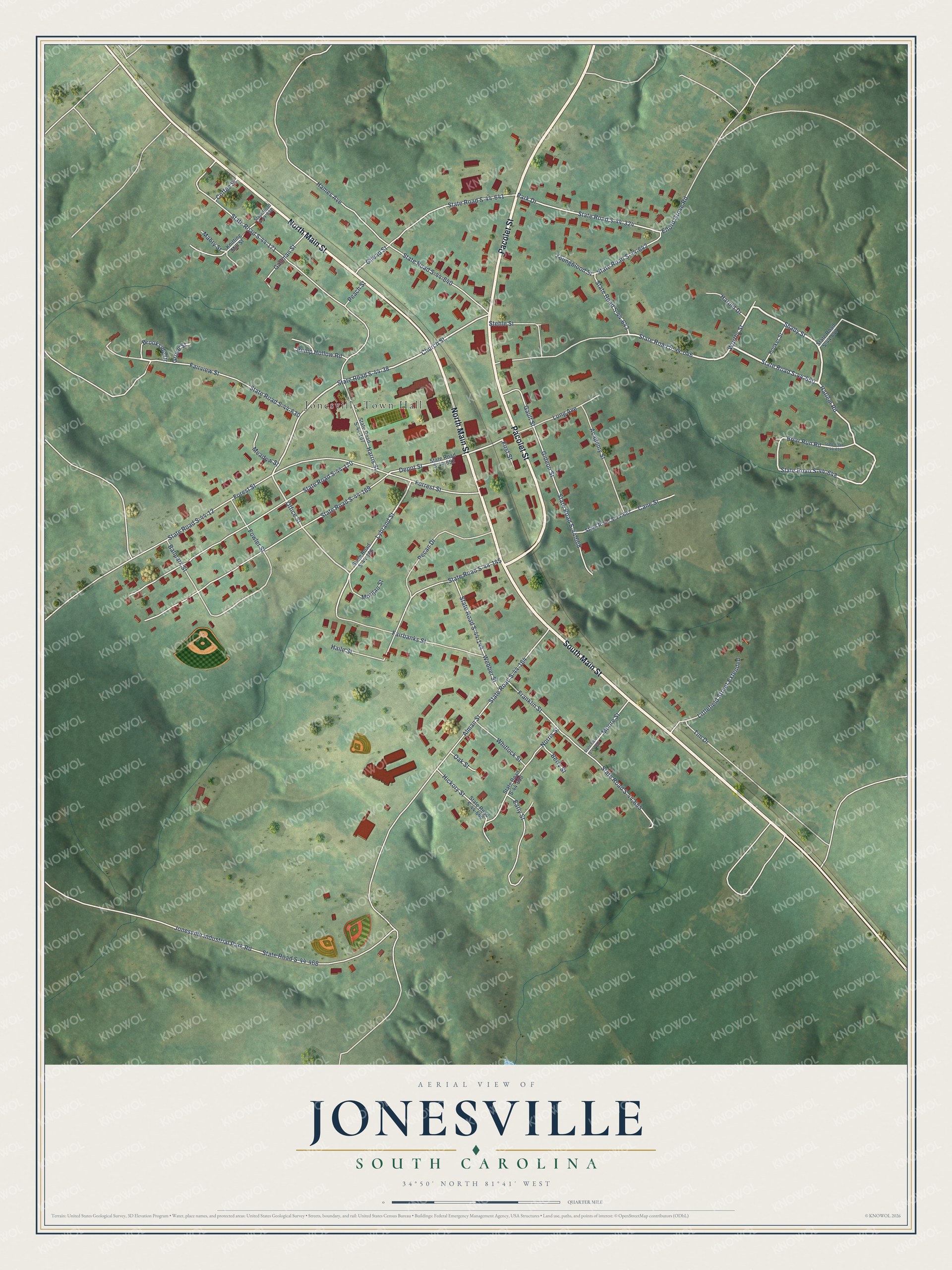 Full map of Jonesville, South Carolina, with red buildings, printed street names and the land around them