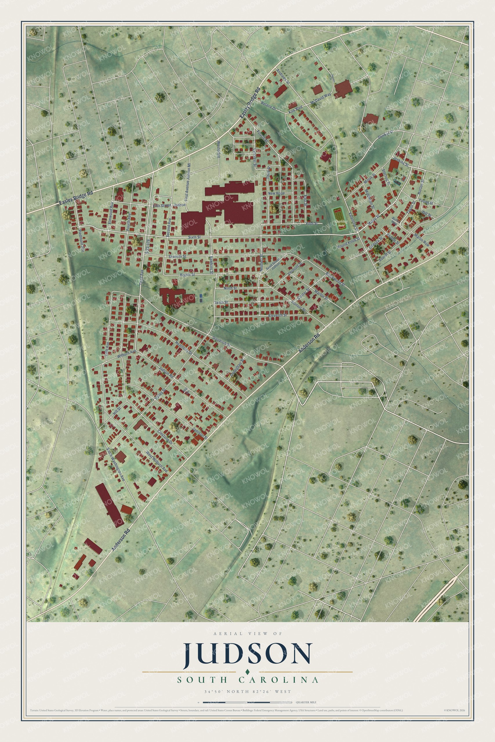 Full map of Judson, South Carolina, with red buildings, printed street names and the land around them