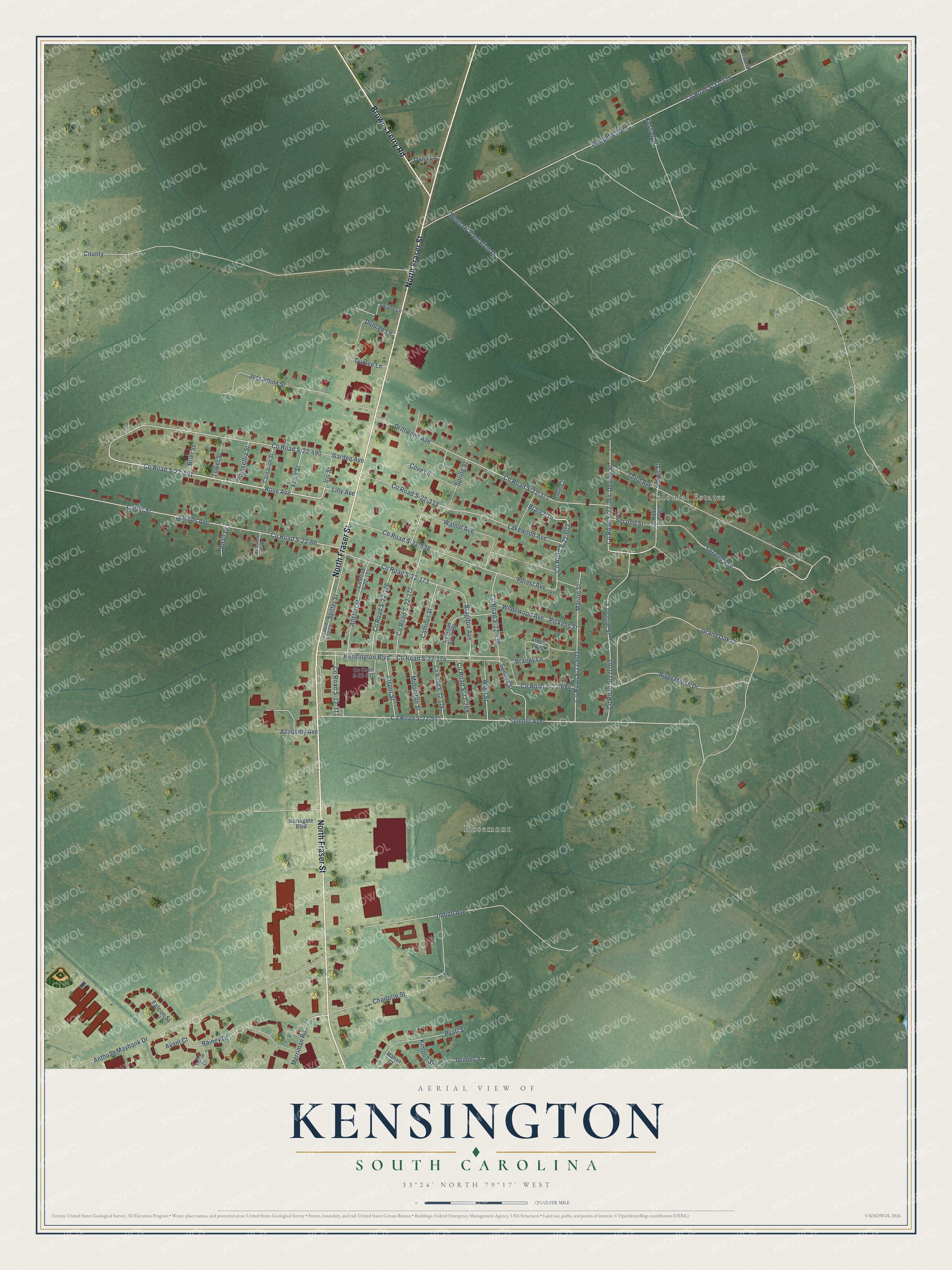 Full map of Kensington, South Carolina, with red buildings, printed street names and the land around them
