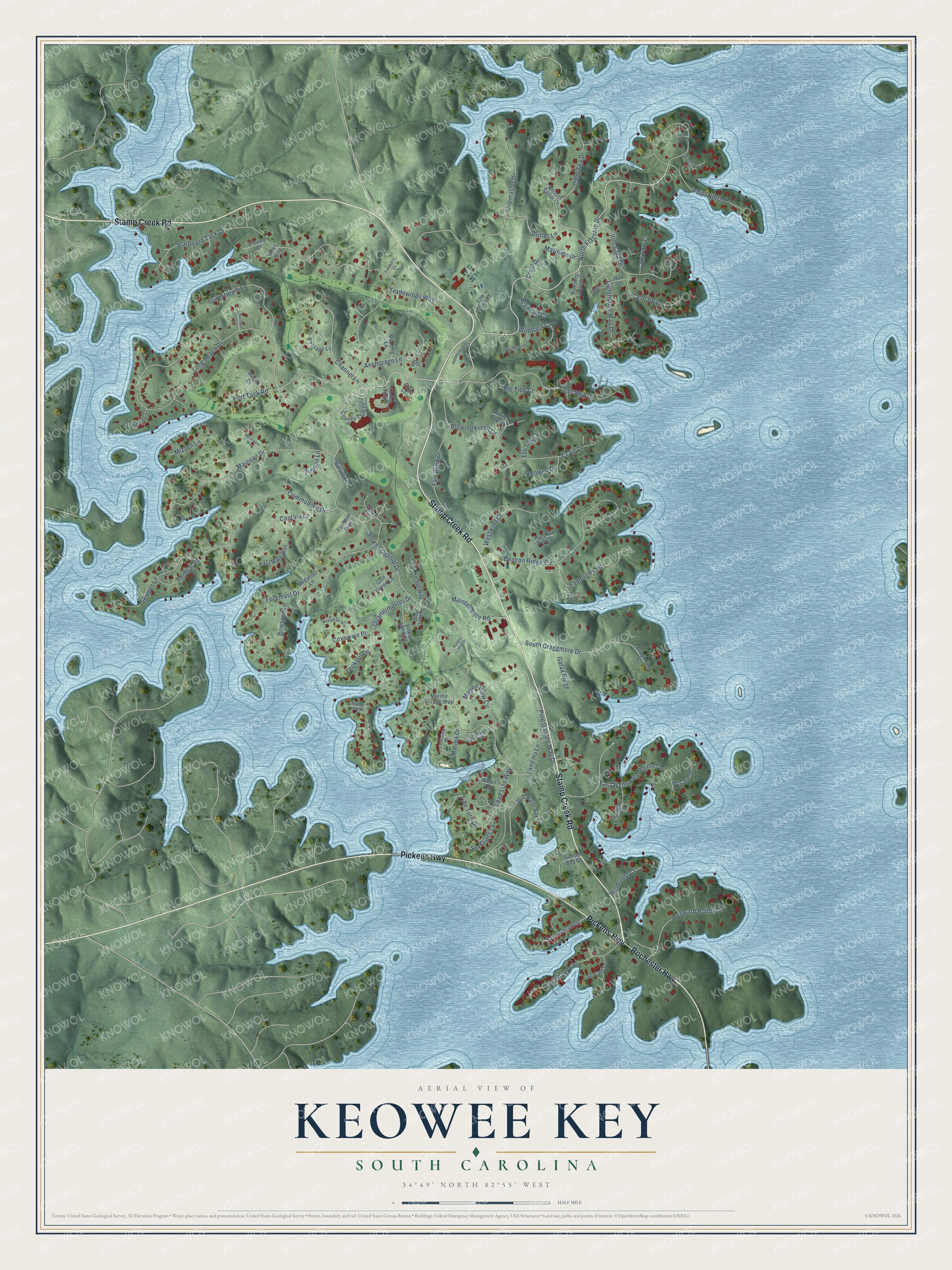 Full map of Keowee Key, South Carolina, with red buildings, printed street names and the land around them