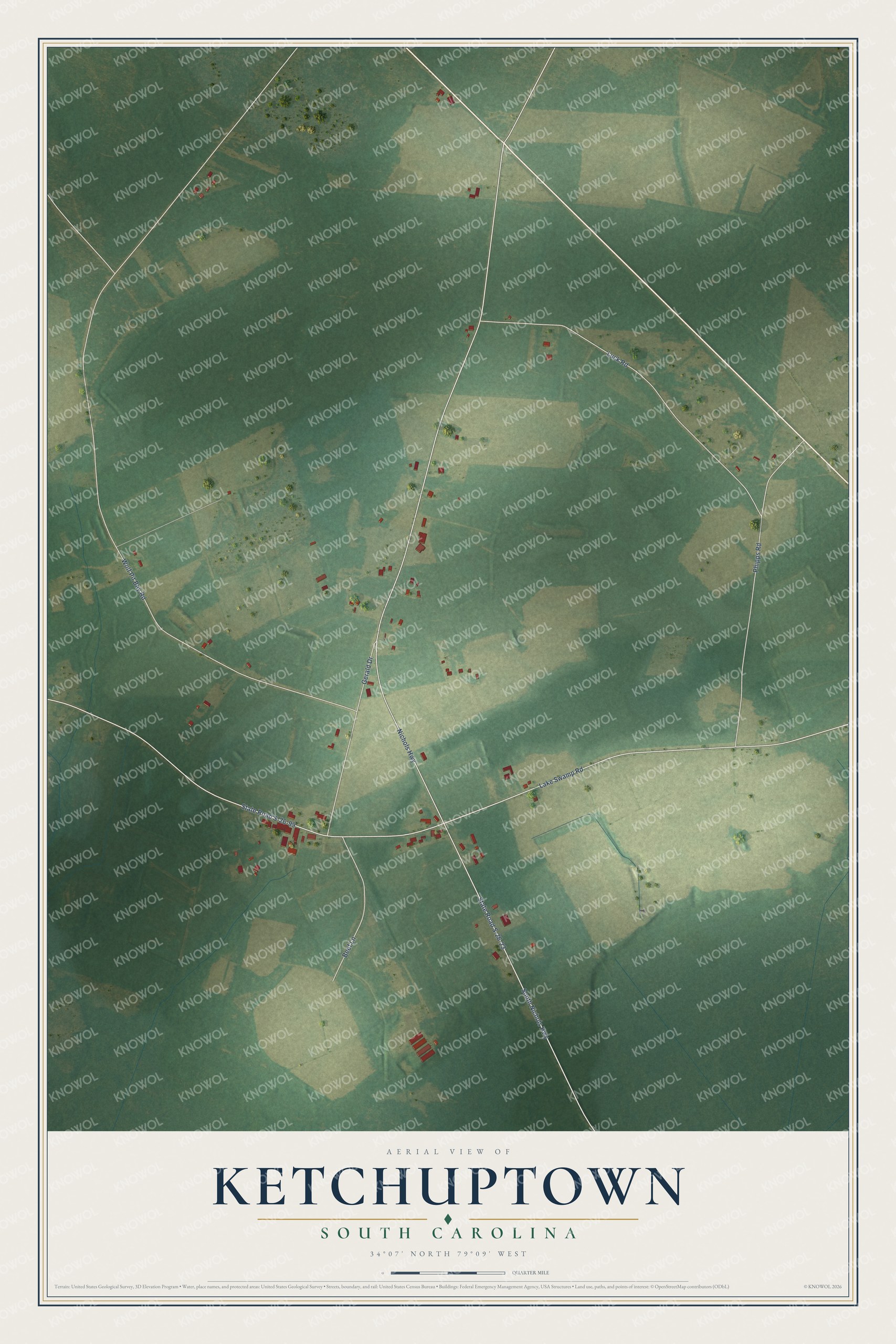Full map of Ketchuptown, South Carolina, with red buildings, printed street names and the land around them