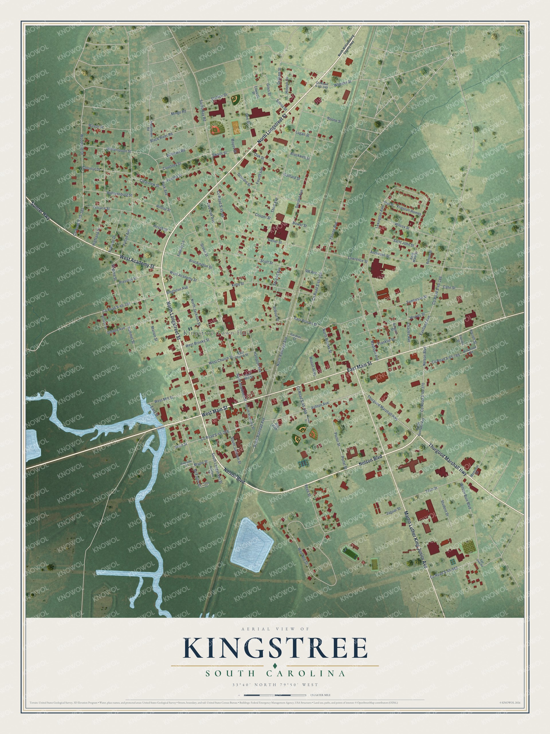 Full map of Kingstree, South Carolina, with red buildings, printed street names and the land around them