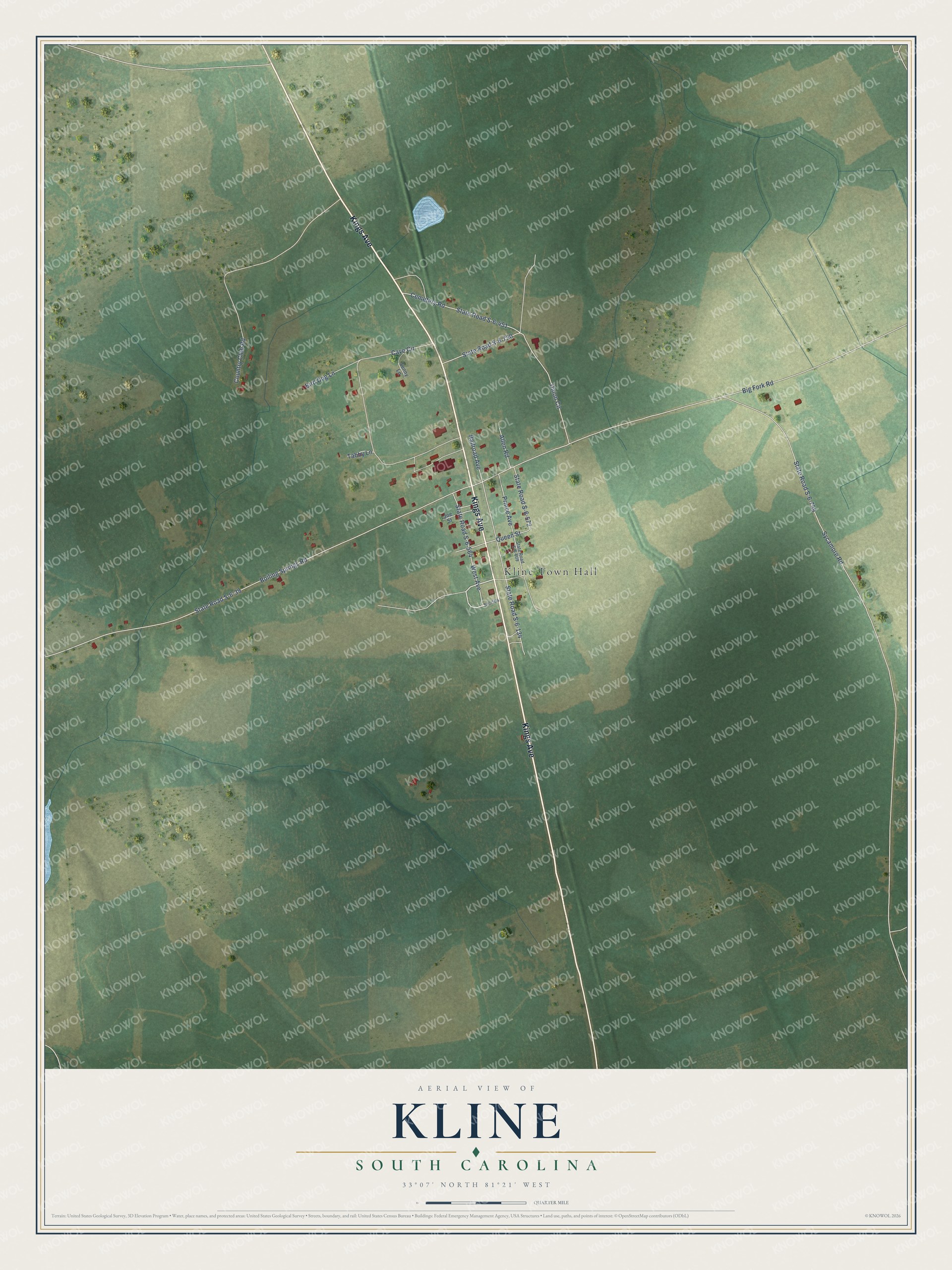 Full map of Kline, South Carolina, with red buildings, printed street names and the land around them