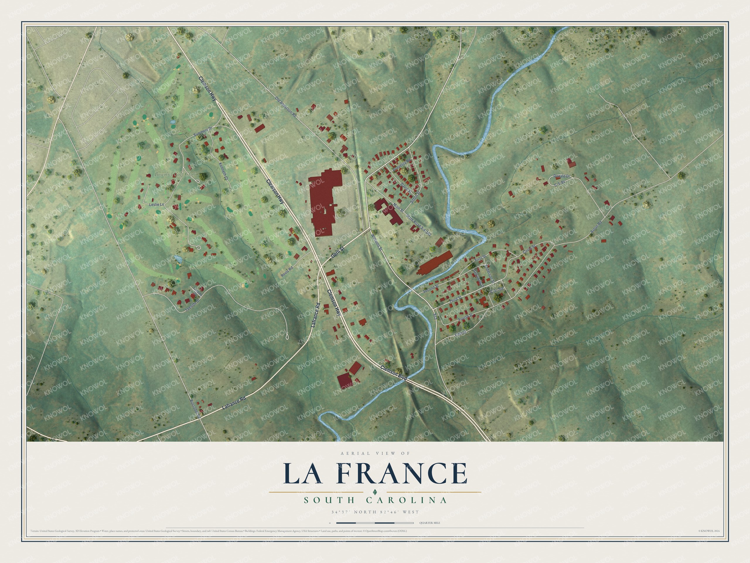 Full map of La France, South Carolina, with red buildings, printed street names and the land around them