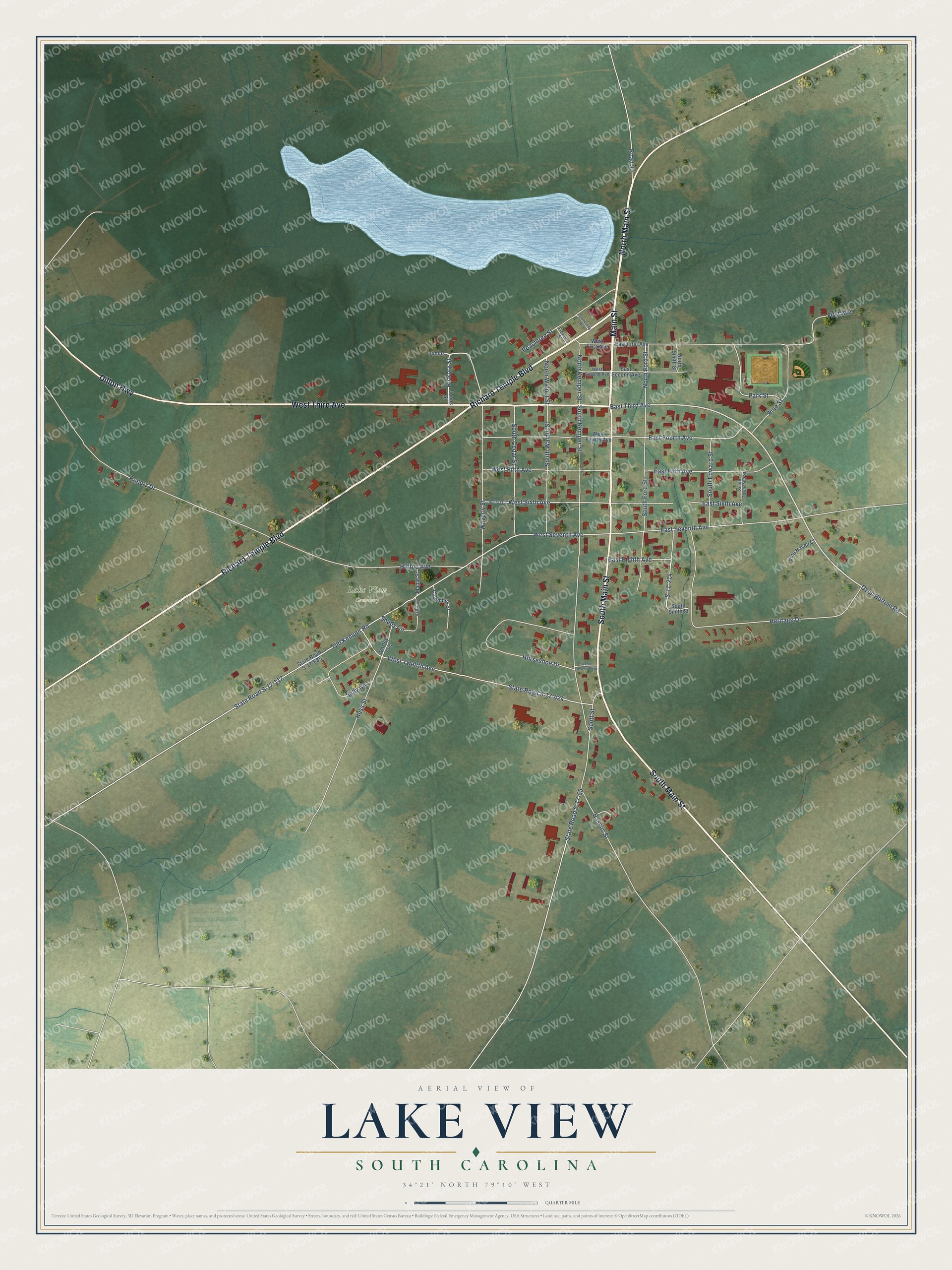 Full map of Lake View, South Carolina, with red buildings, printed street names and the land around them