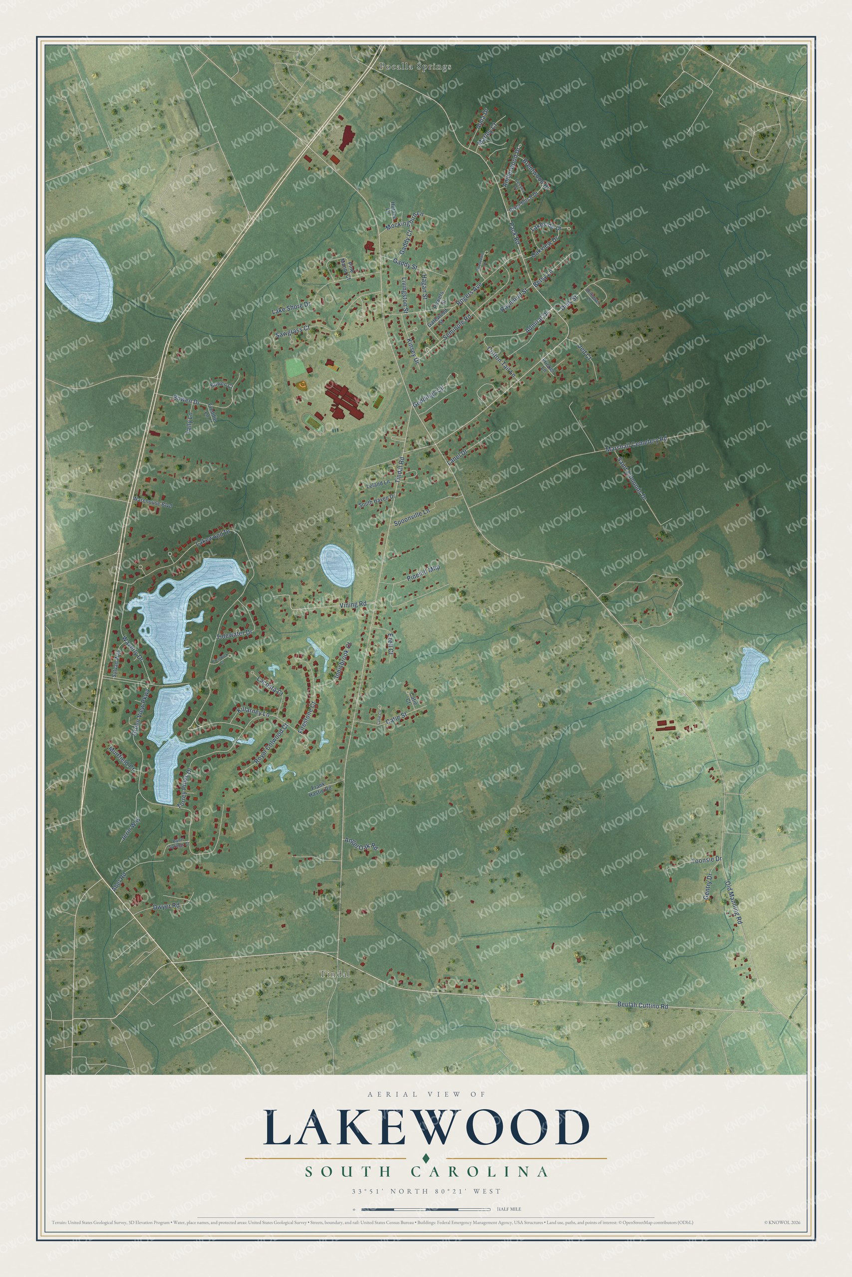 Full map of Lakewood, South Carolina, with red buildings, printed street names and the land around them