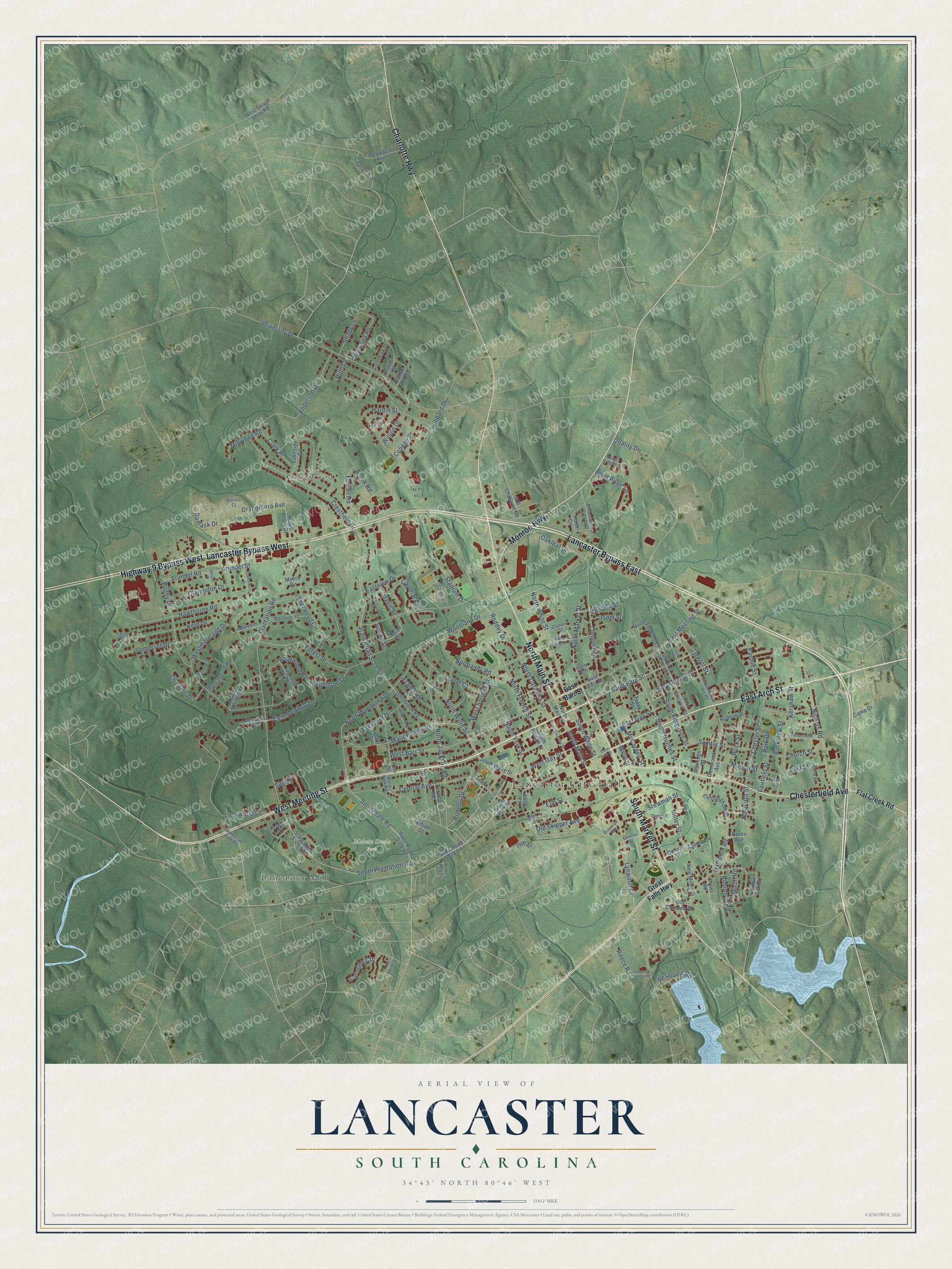 Full map of Lancaster, South Carolina, with red buildings, printed street names and the land around them