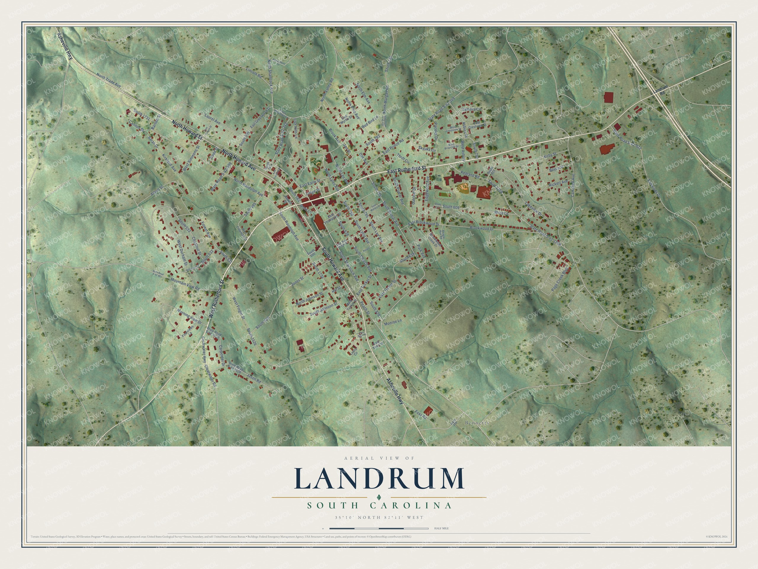 Full map of Landrum, South Carolina, with red buildings, printed street names and the land around them