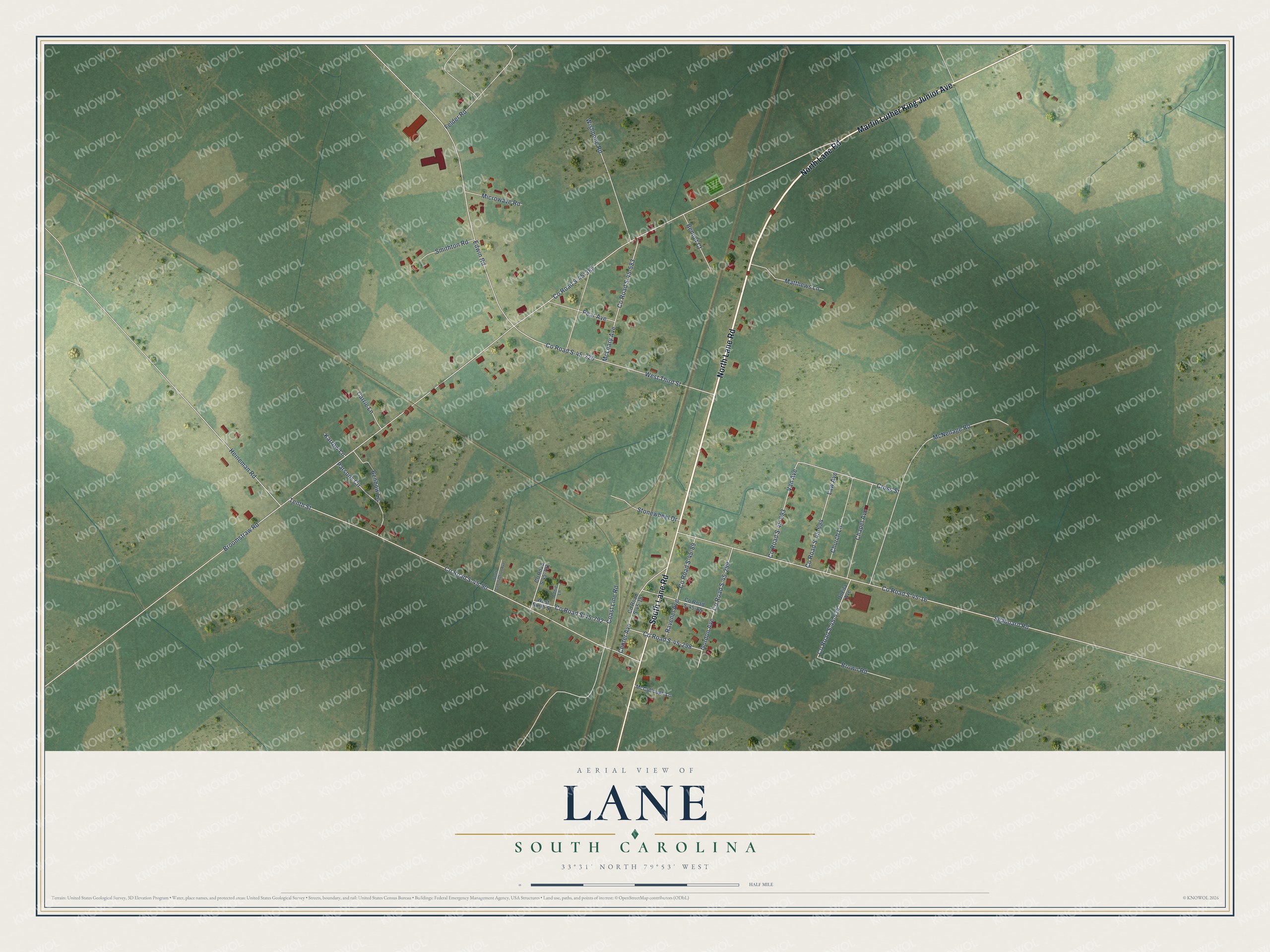 Full map of Lane, South Carolina, with red buildings, printed street names and the land around them