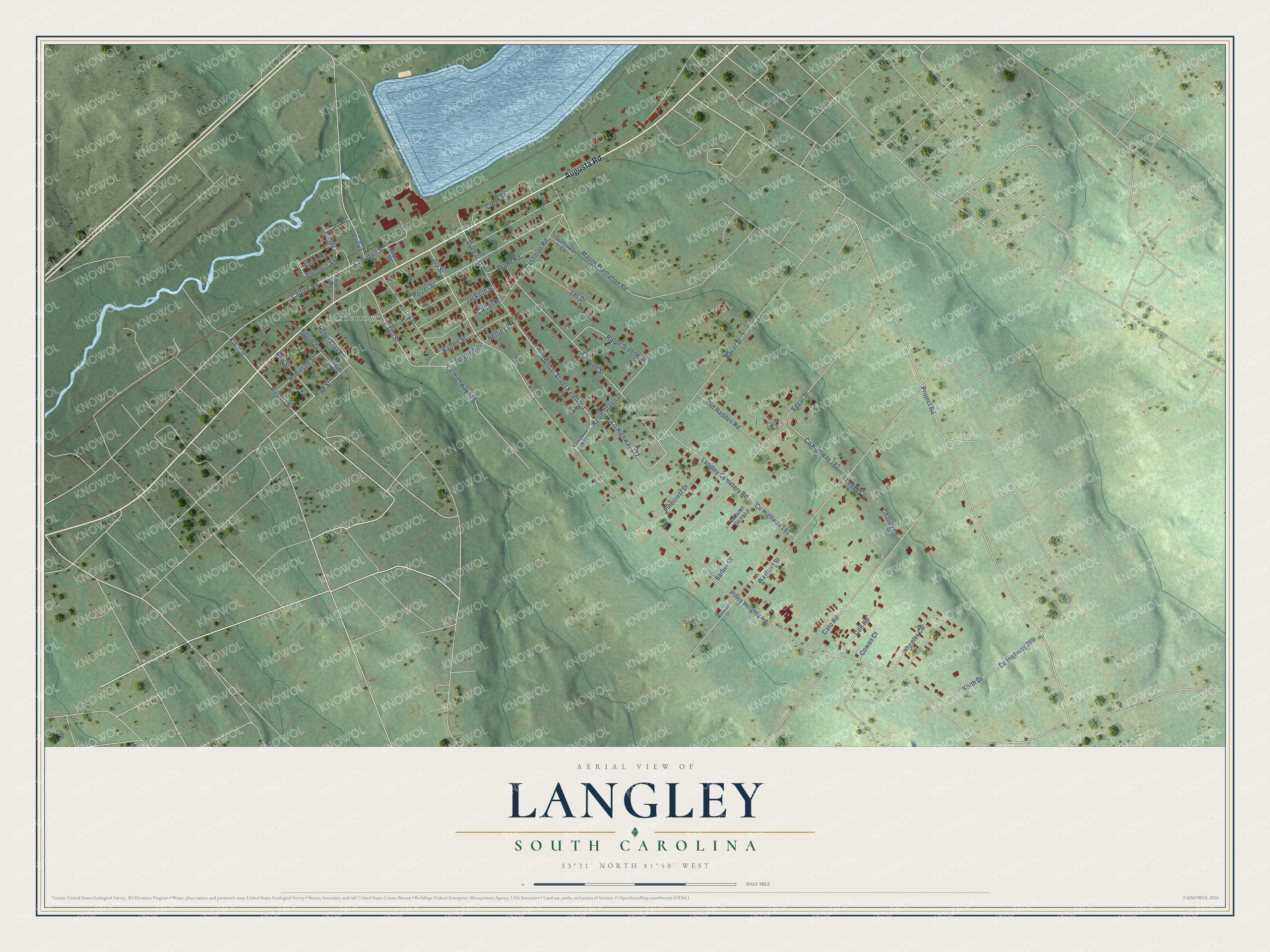 Full map of Langley, South Carolina, with red buildings, printed street names and the land around them