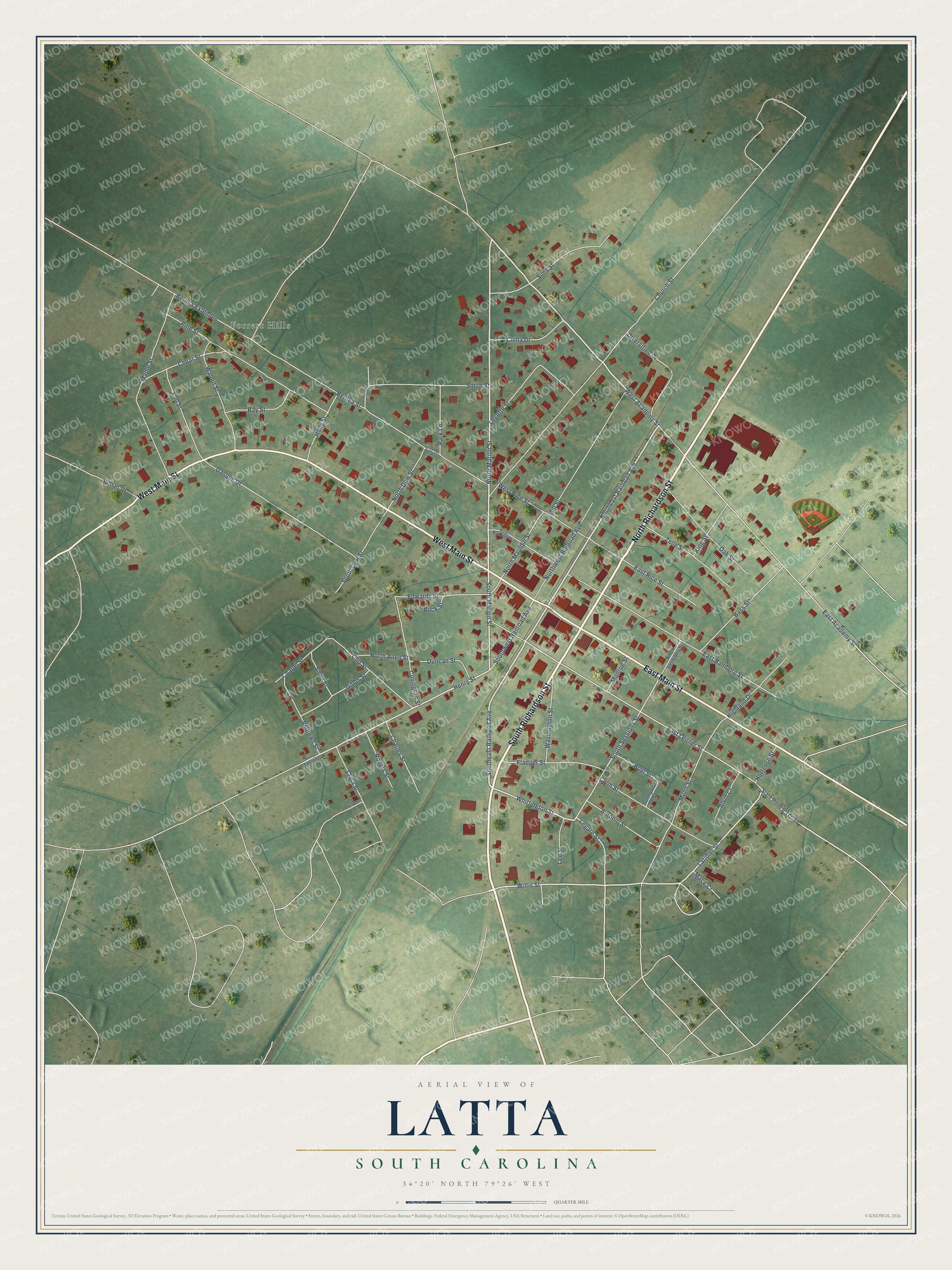 Full map of Latta, South Carolina, with red buildings, printed street names and the land around them