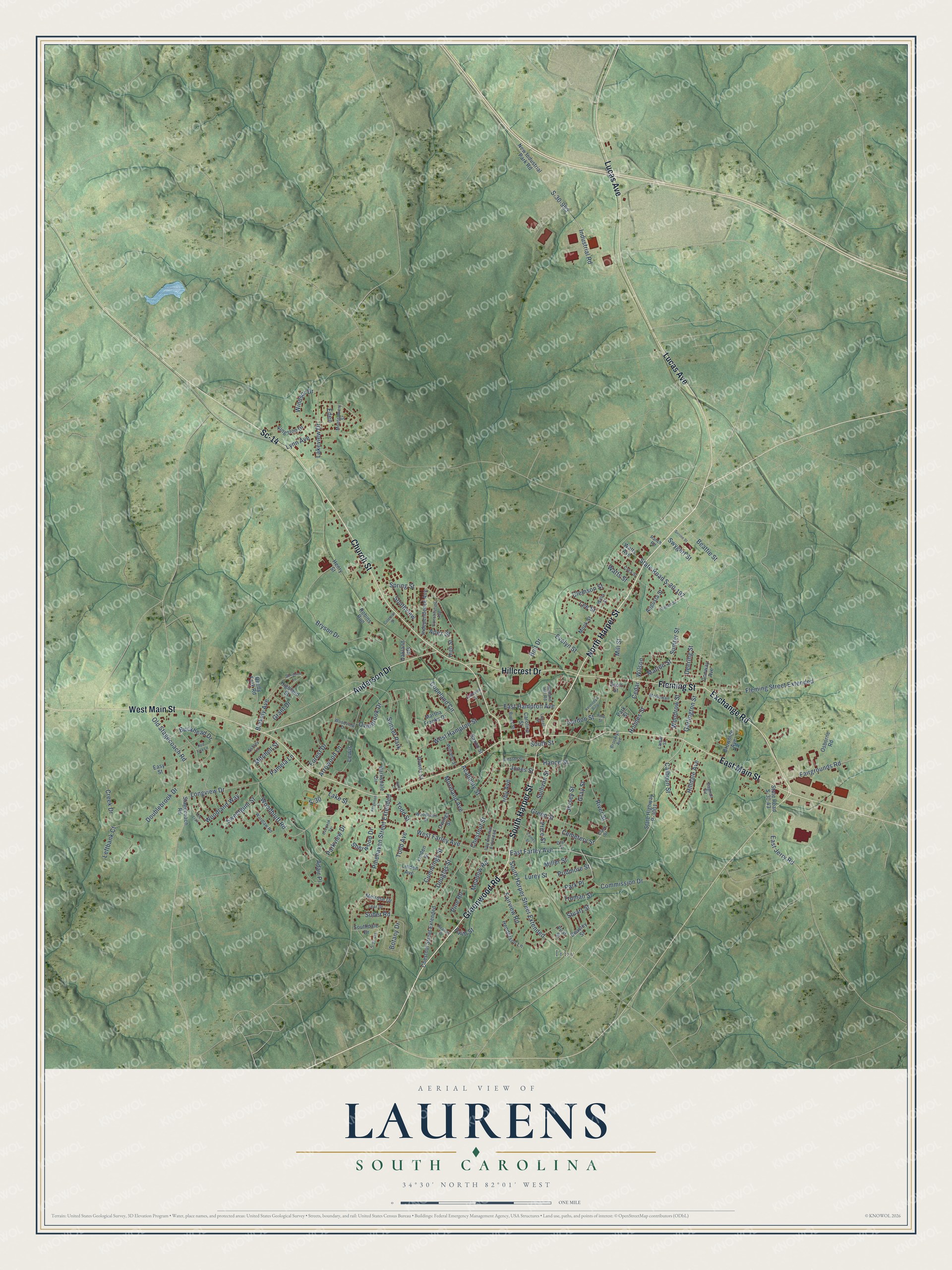 Full map of Laurens, South Carolina, with red buildings, printed street names and the land around them