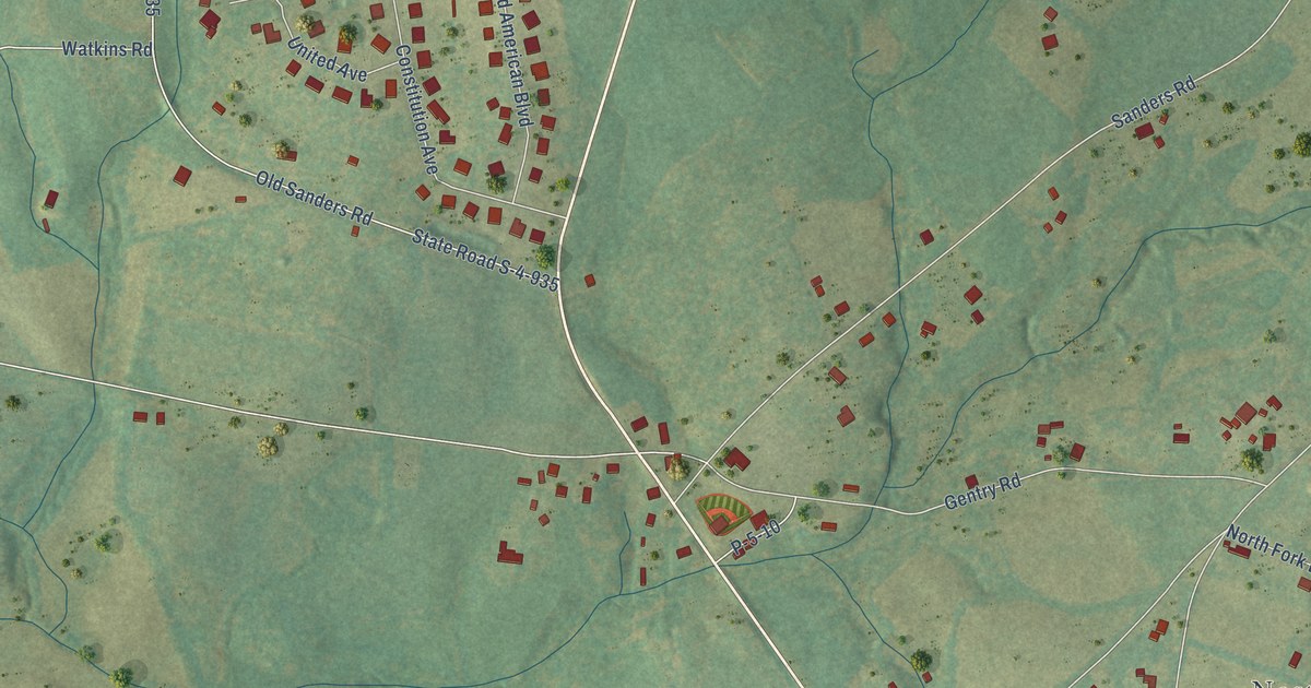 Close-up of streets and buildings in Lebanon, South Carolina