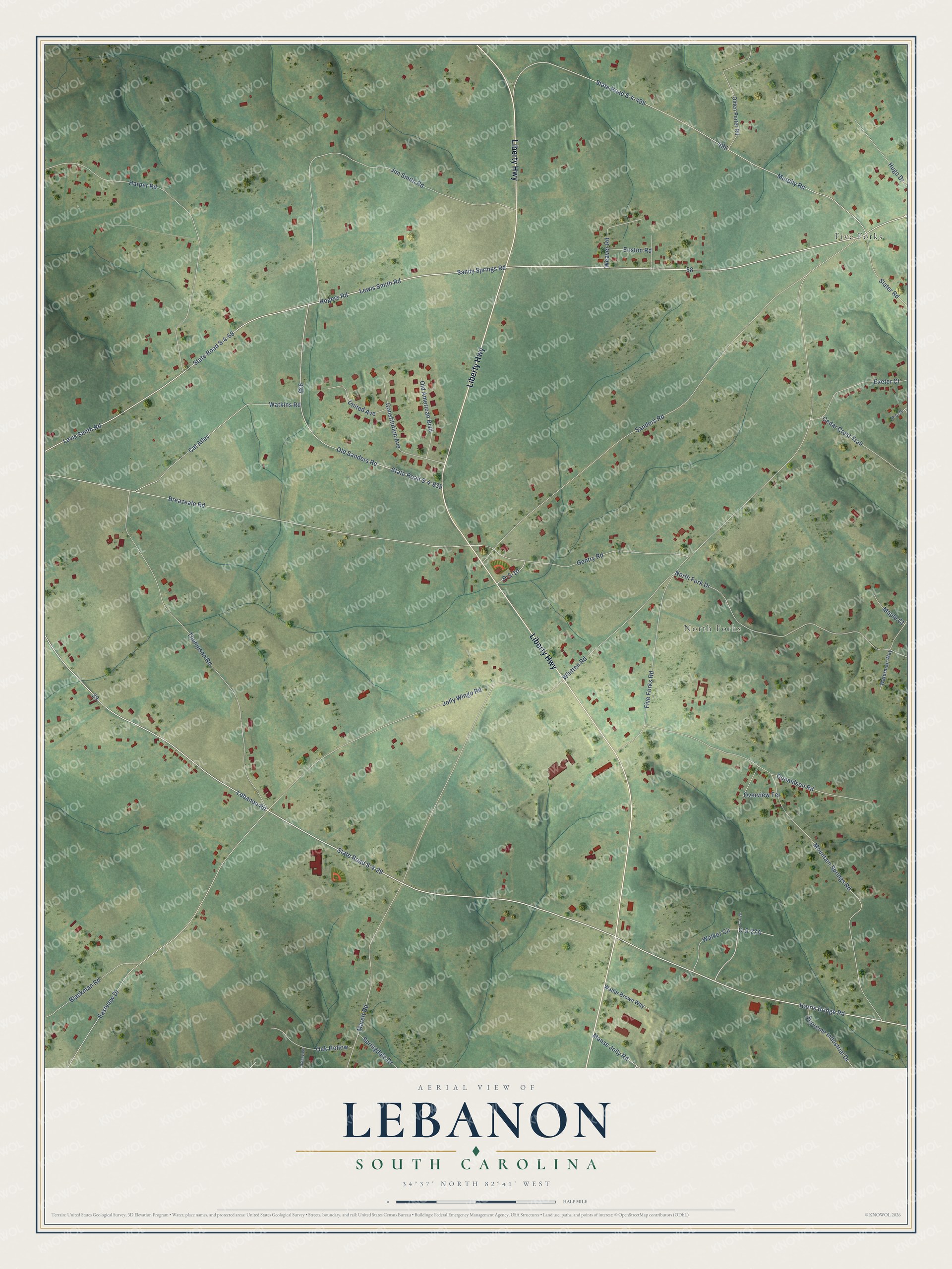 Full map of Lebanon, South Carolina, with red buildings, printed street names and the land around them