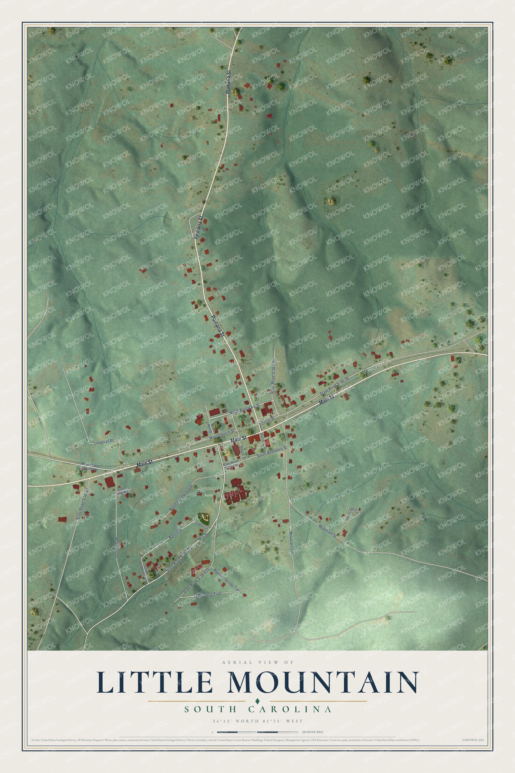 Full map of Little Mountain, South Carolina, with red buildings, printed street names and the land around them