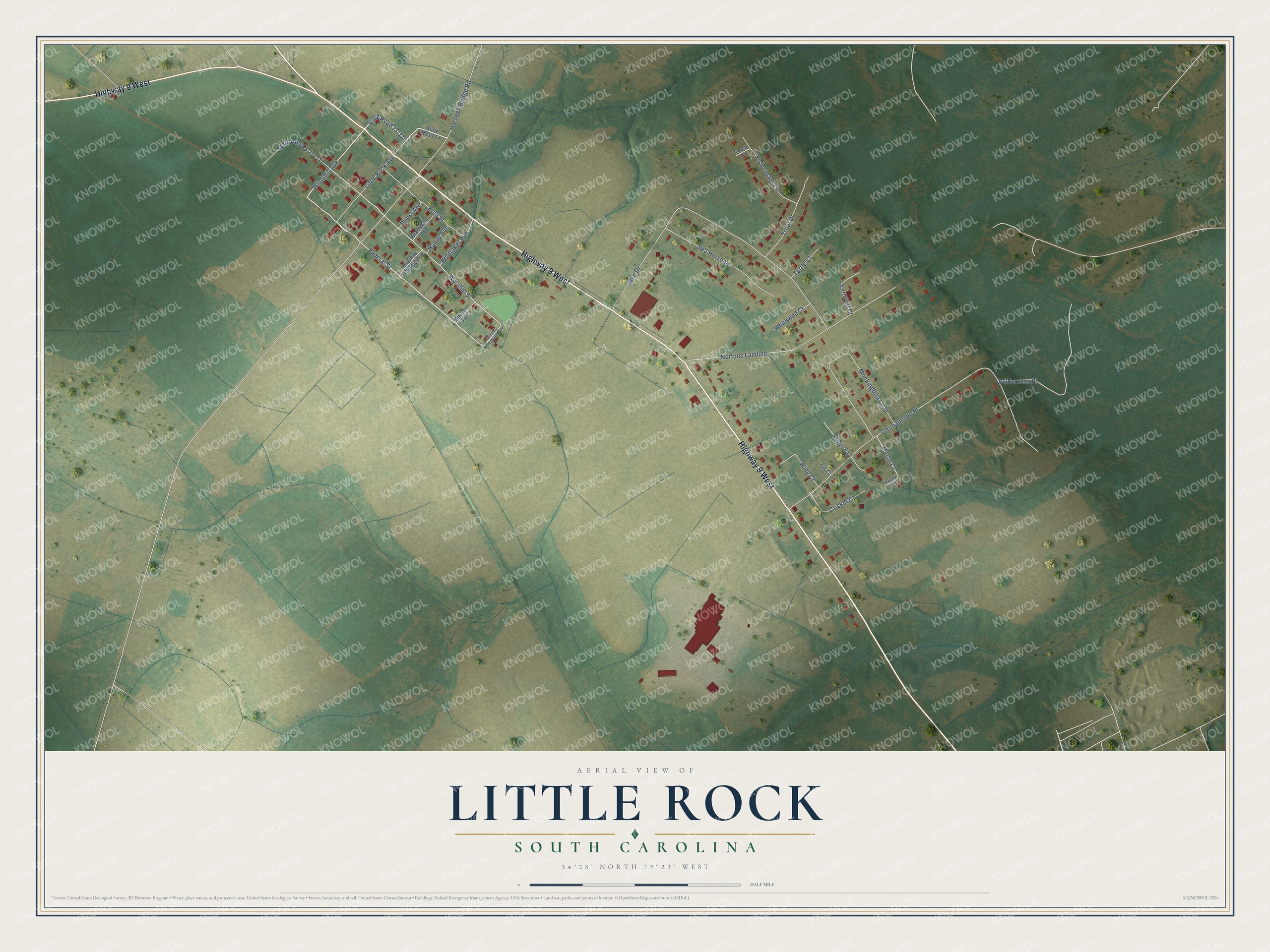 Full map of Little Rock, South Carolina, with red buildings, printed street names and the land around them