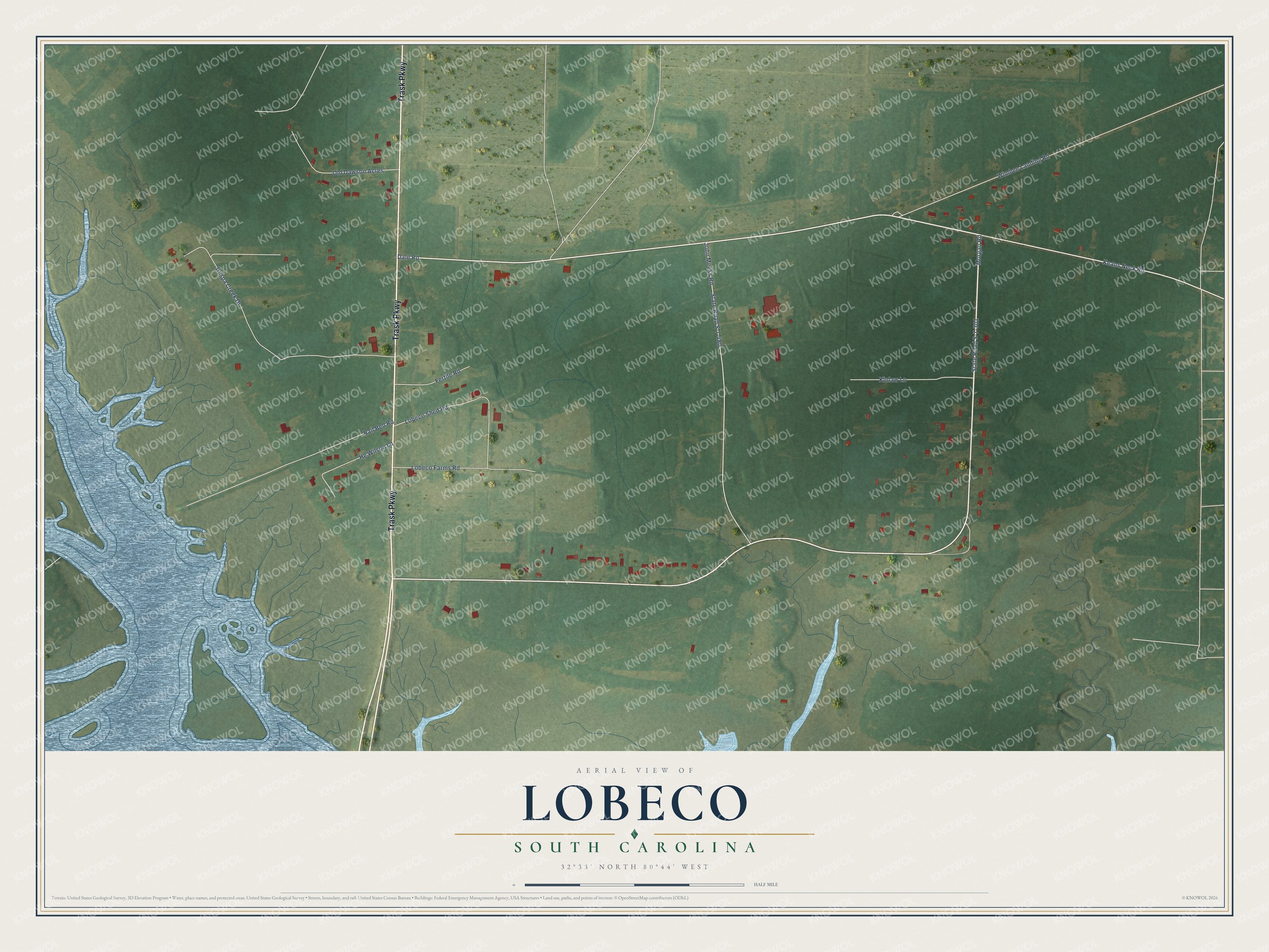 Full map of Lobeco, South Carolina, with red buildings, printed street names and the land around them