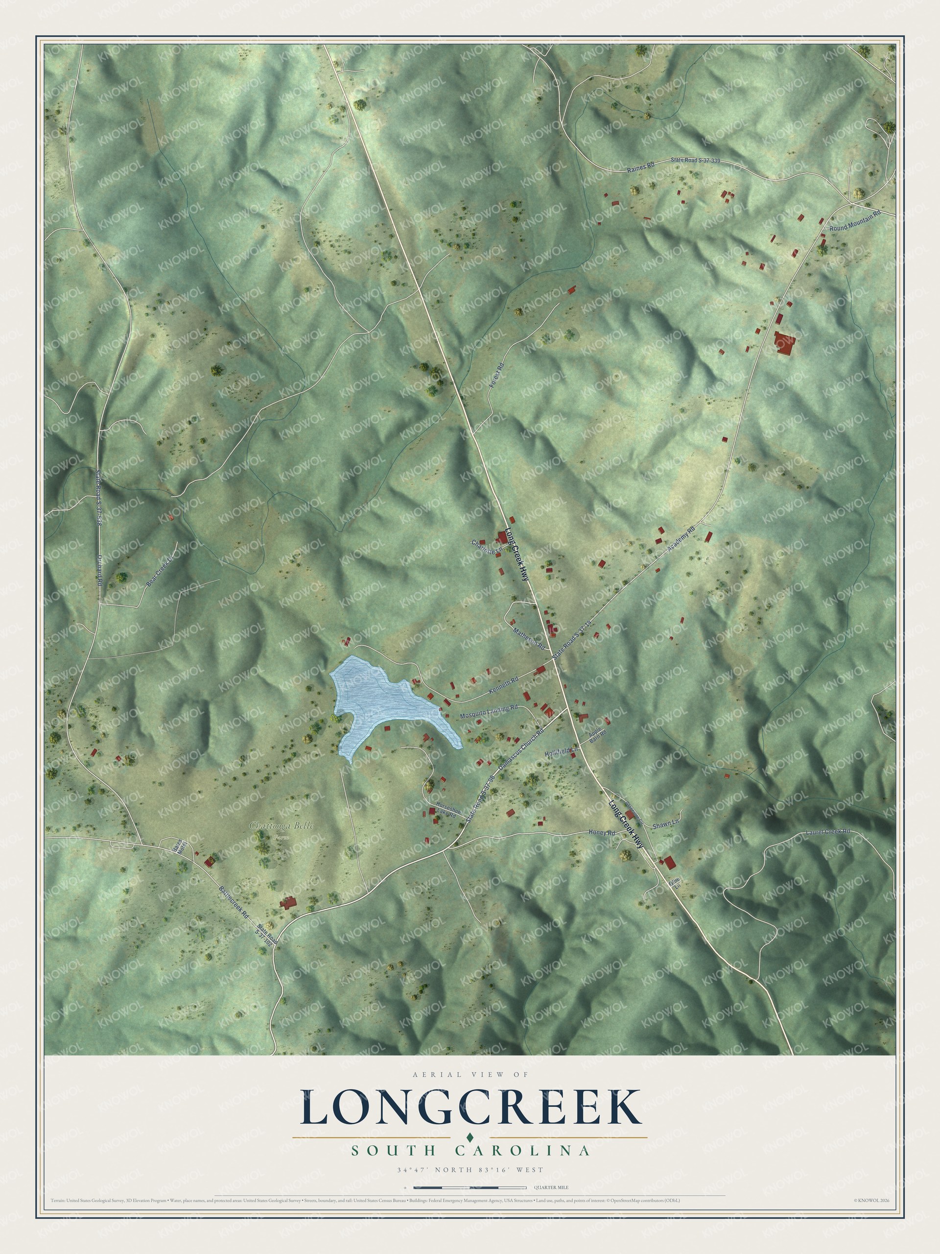 Full map of Longcreek, South Carolina, with red buildings, printed street names and the land around them