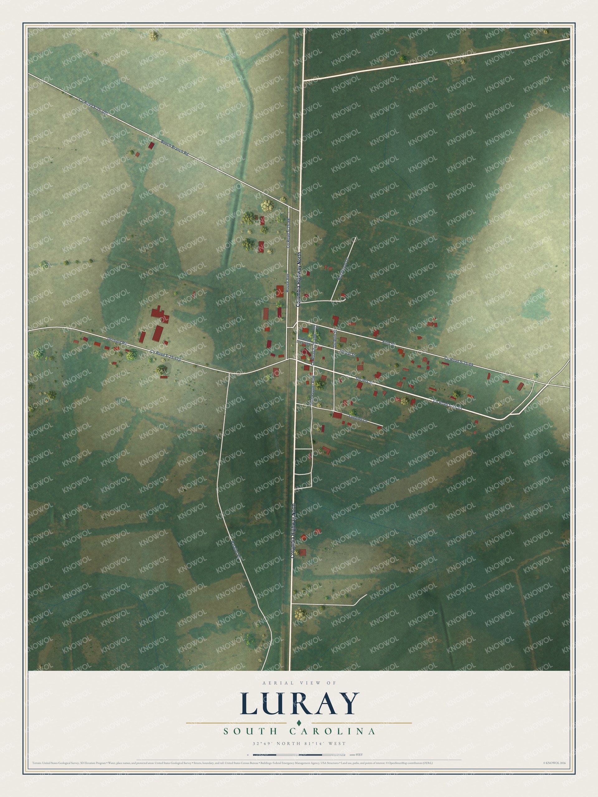 Full map of Luray, South Carolina, with red buildings, printed street names and the land around them