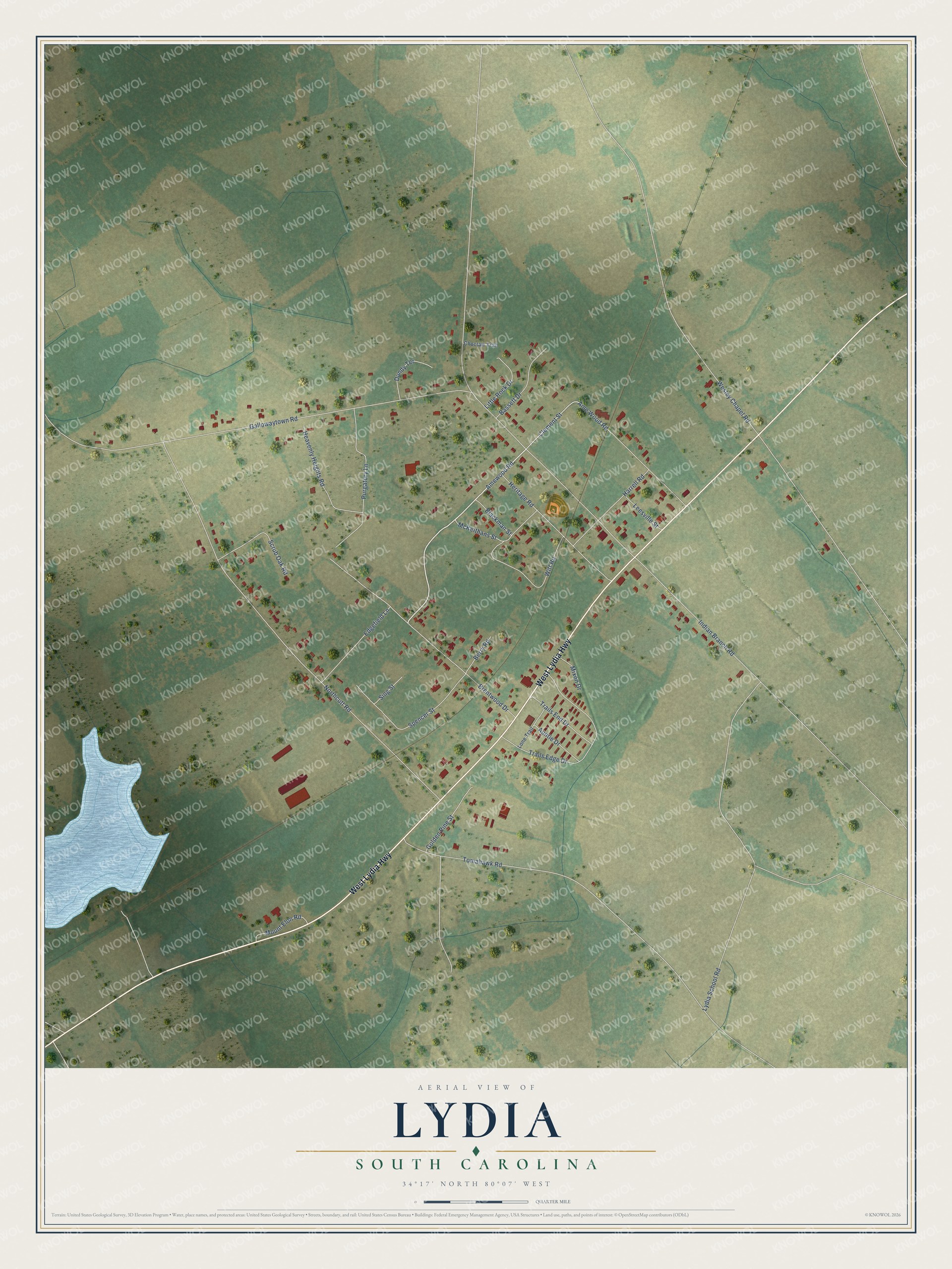 Full map of Lydia, South Carolina, with red buildings, printed street names and the land around them