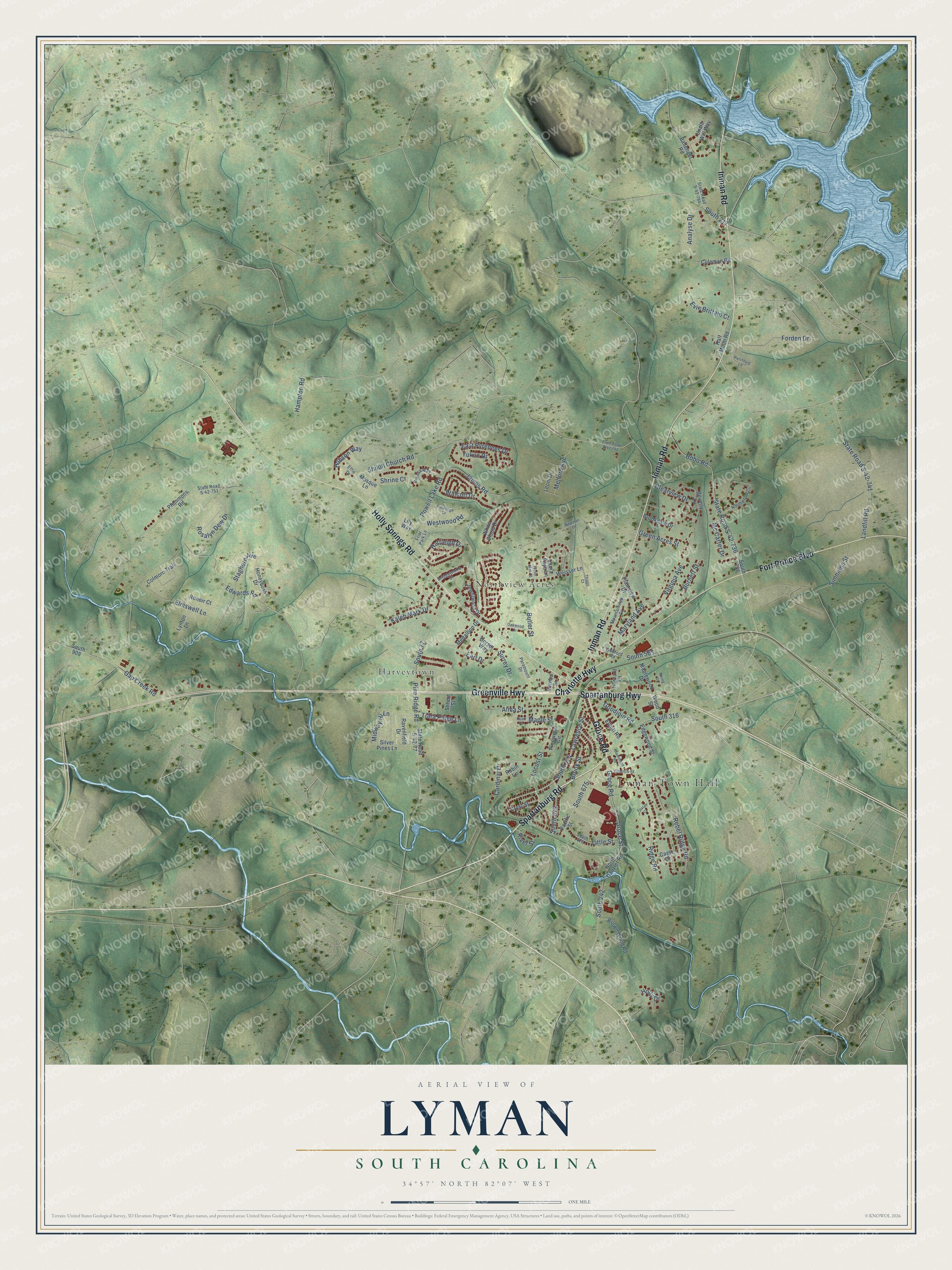Full map of Lyman, South Carolina, with red buildings, printed street names and the land around them