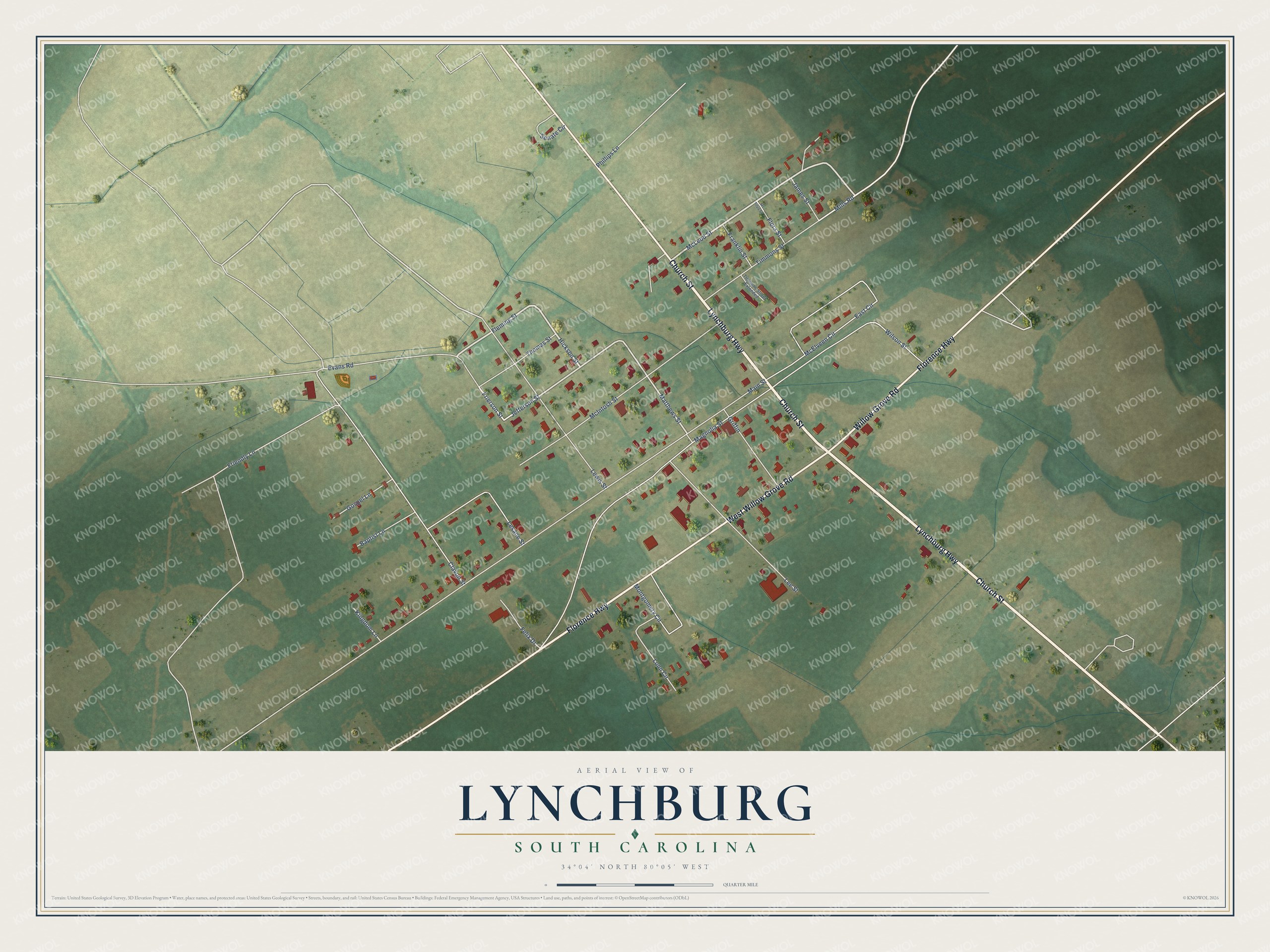 Full map of Lynchburg, South Carolina, with red buildings, printed street names and the land around them