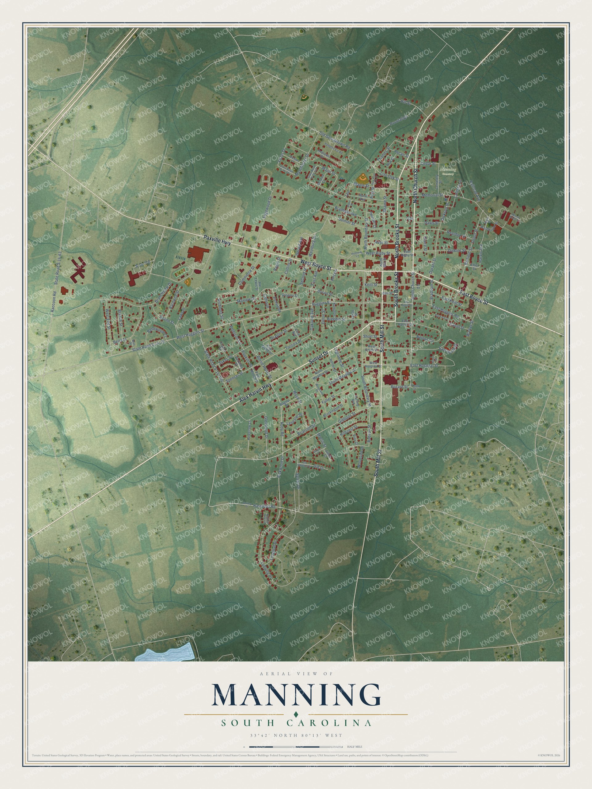 Full map of Manning, South Carolina, with red buildings, printed street names and the land around them