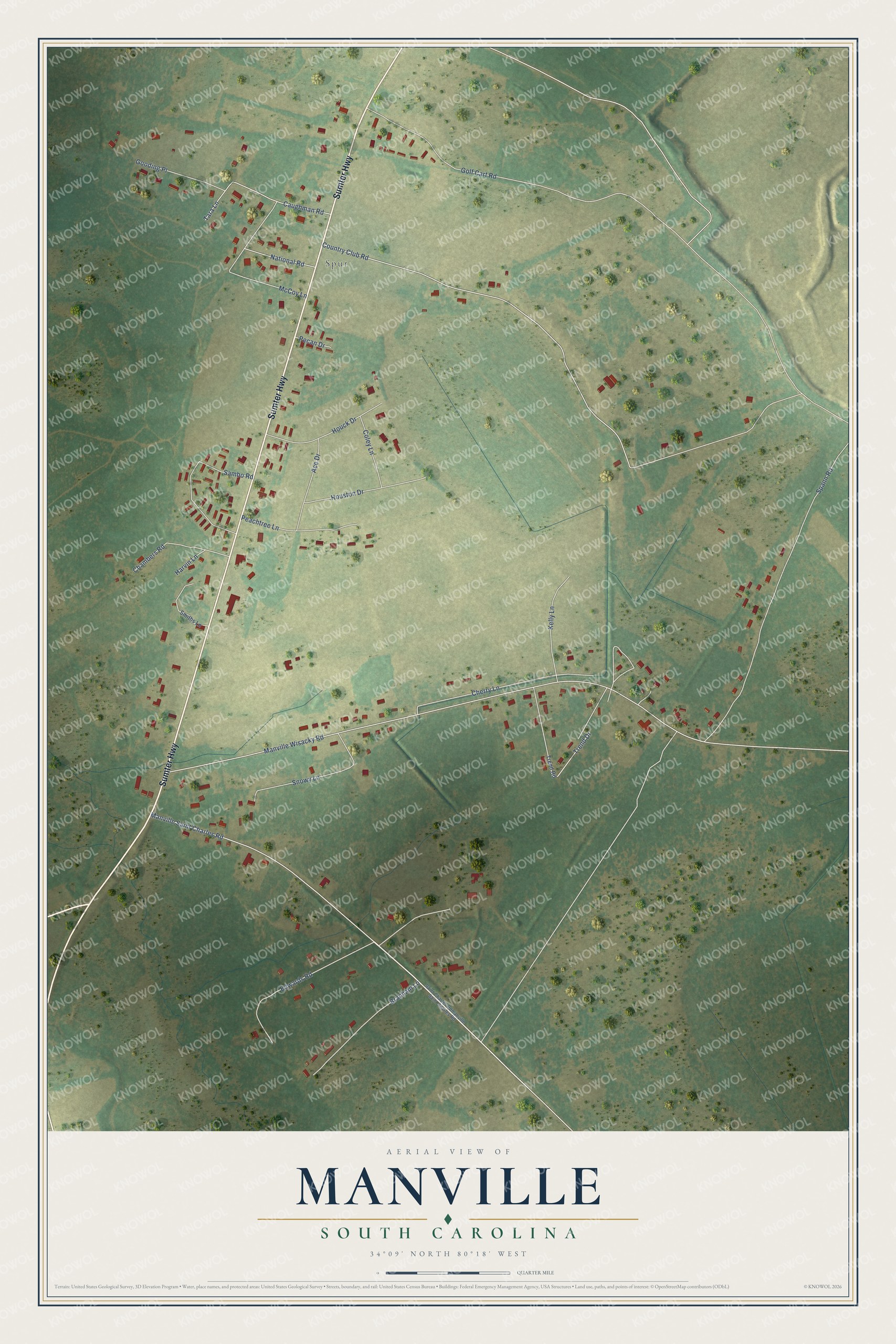 Full map of Manville, South Carolina, with red buildings, printed street names and the land around them