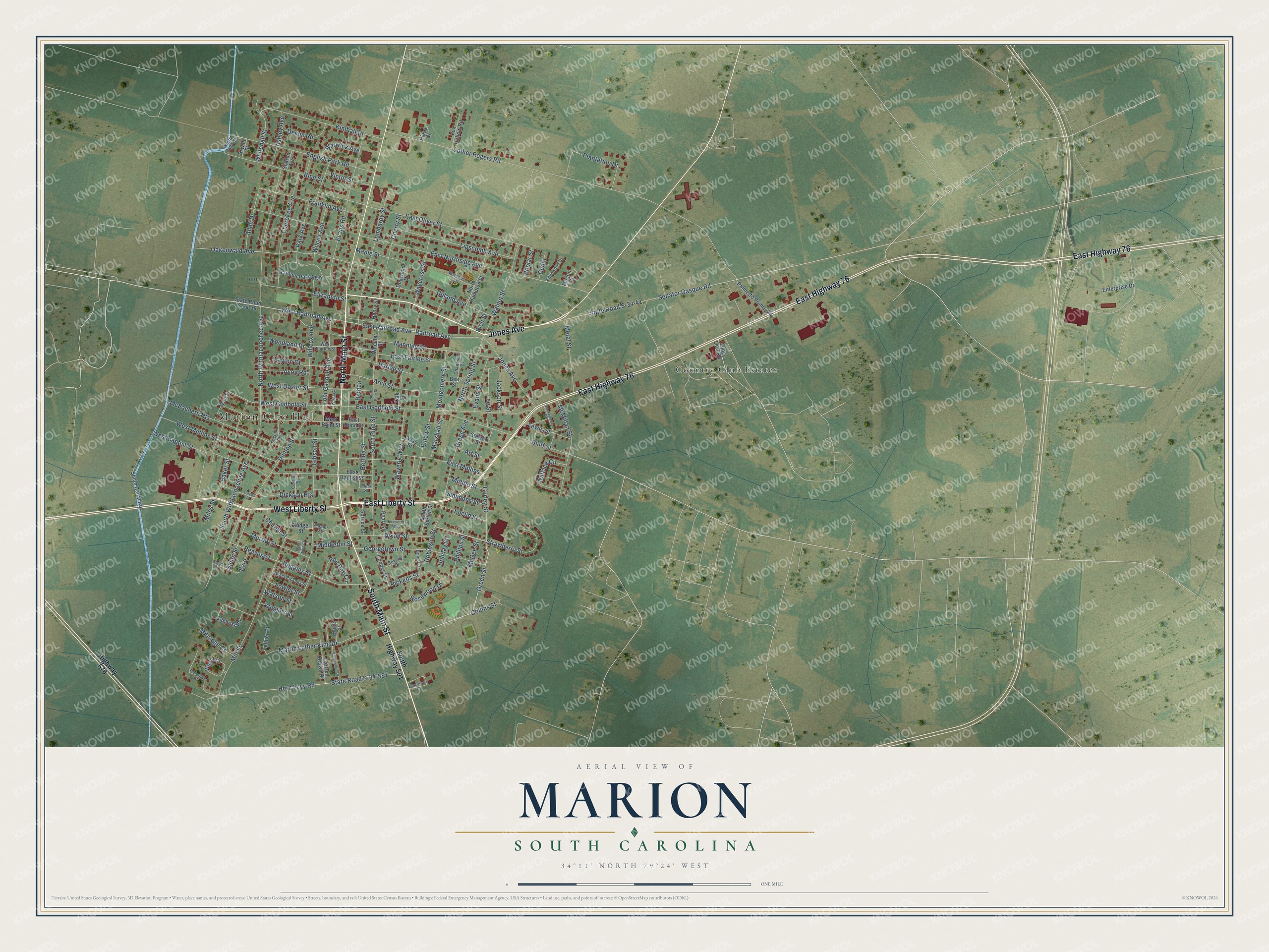 Full map of Marion, South Carolina, with red buildings, printed street names and the land around them