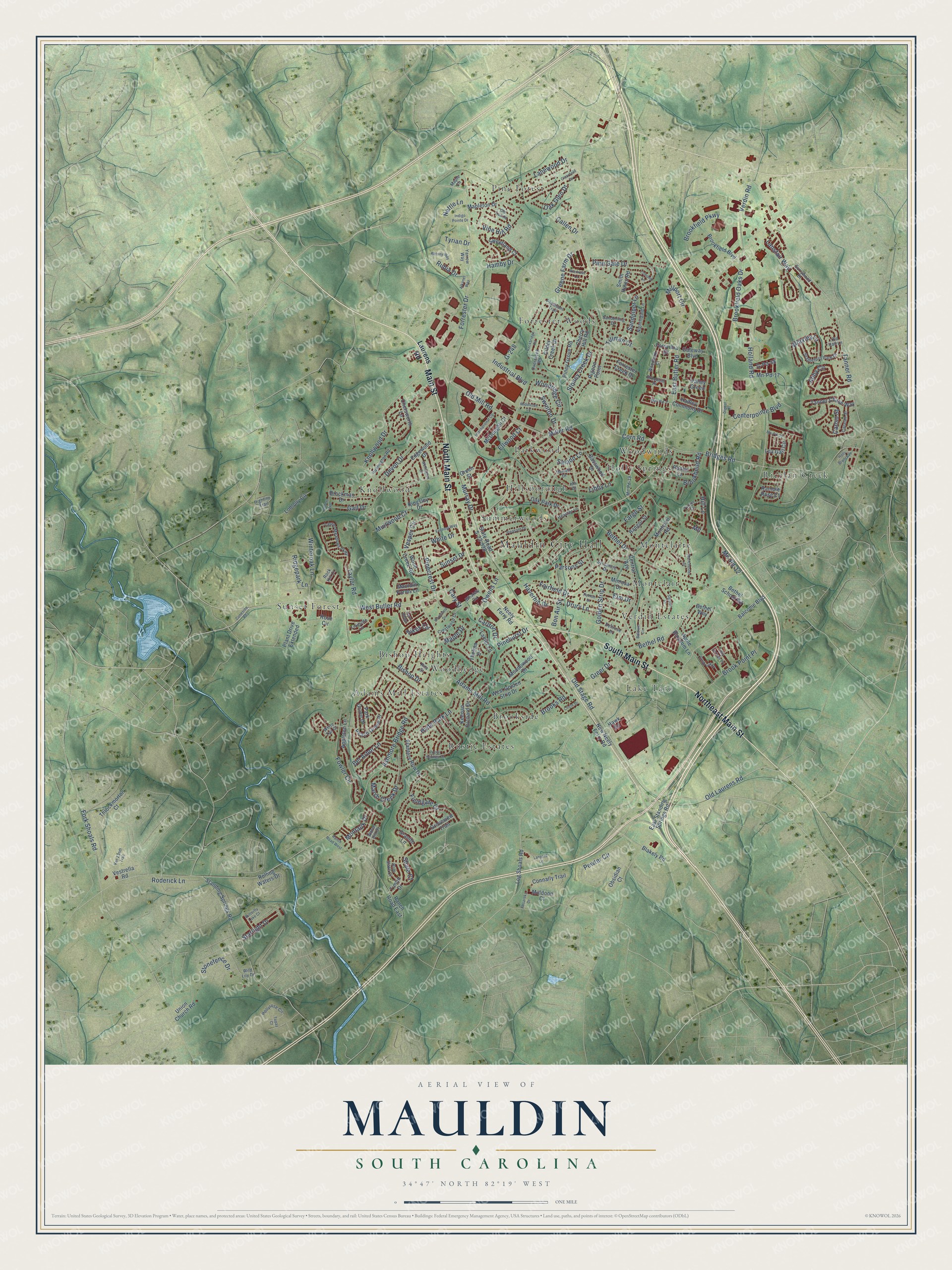 Full map of Mauldin, South Carolina, with red buildings, printed street names and the land around them