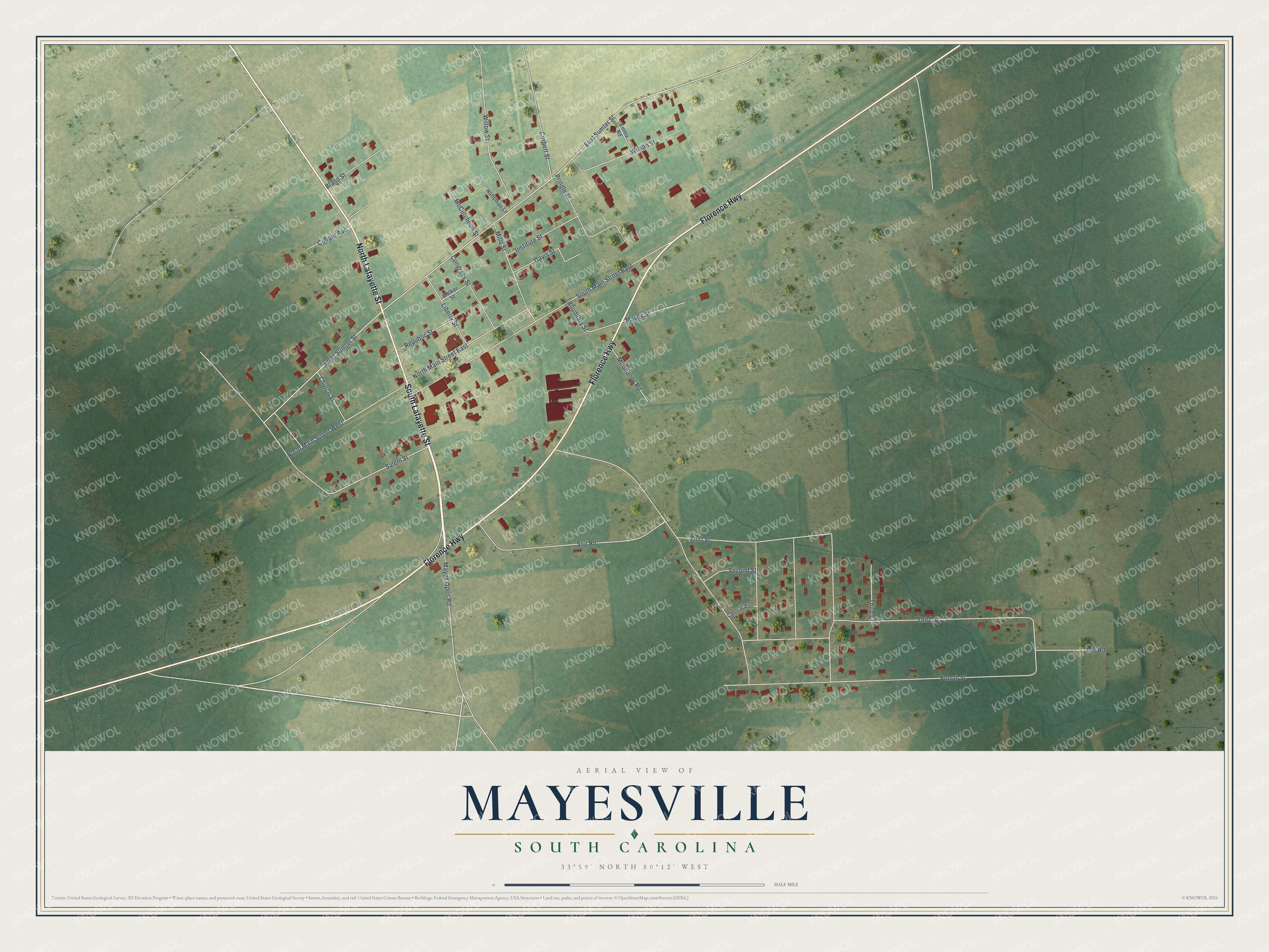 Full map of Mayesville, South Carolina, with red buildings, printed street names and the land around them